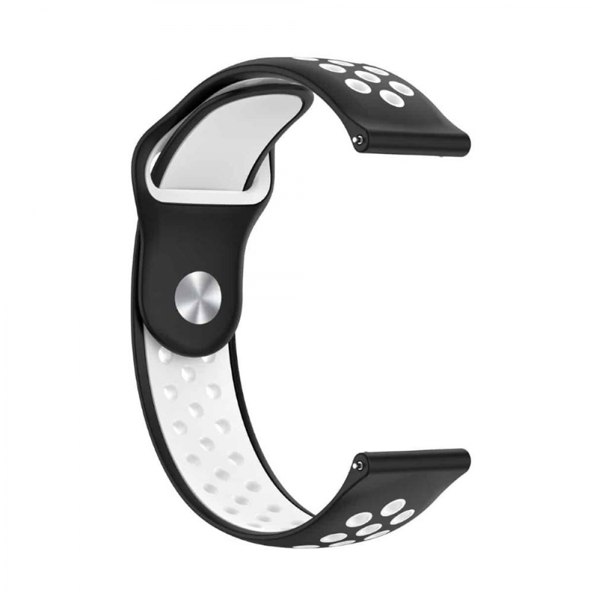 Ein schwarz-weißes Uhrenarmband. Es ist gebogen und hat eine silberne Schließe. Weißes Punkte-Design.