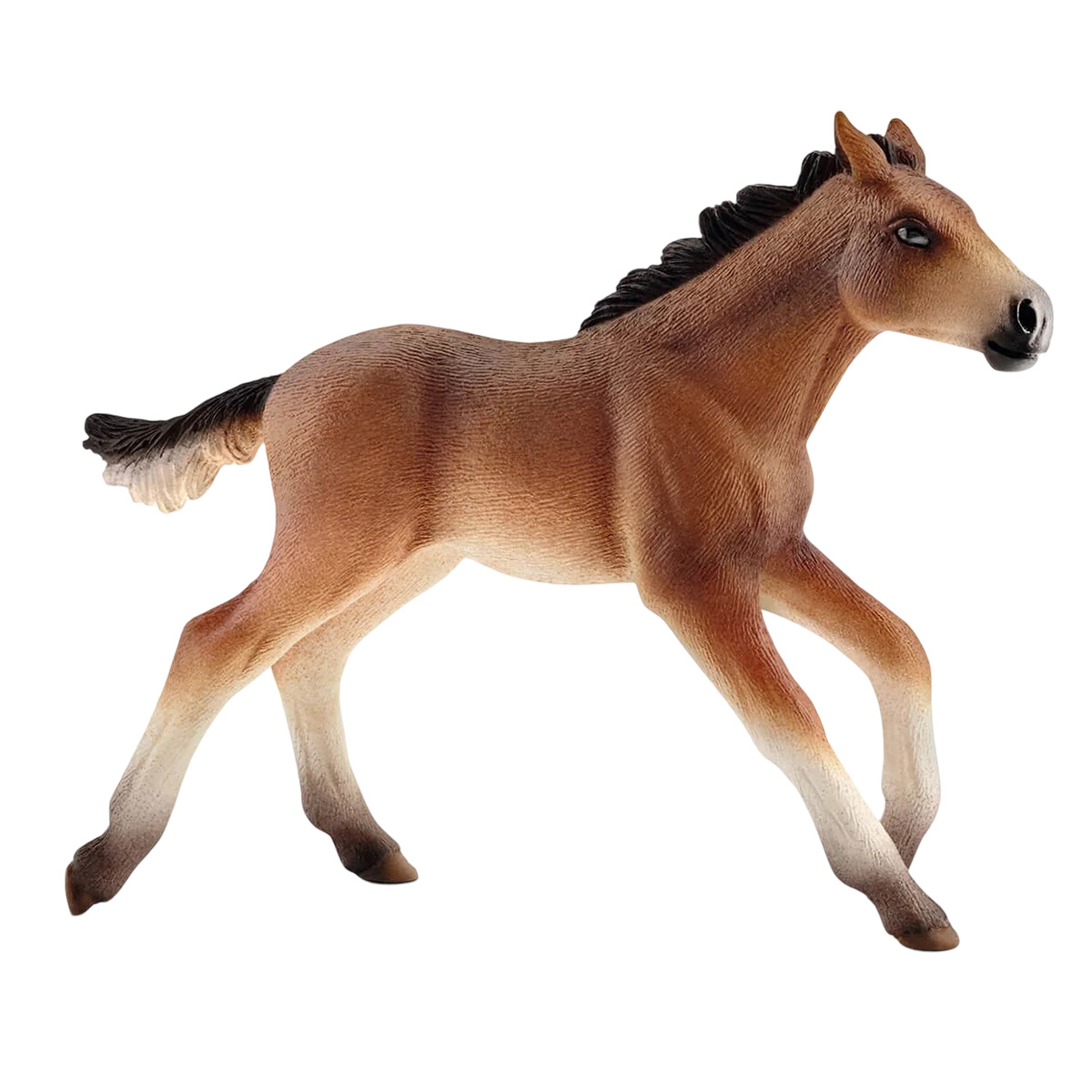 Un cavallo giocattolo marrone, che corre con le zampe tese, su sfondo bianco.