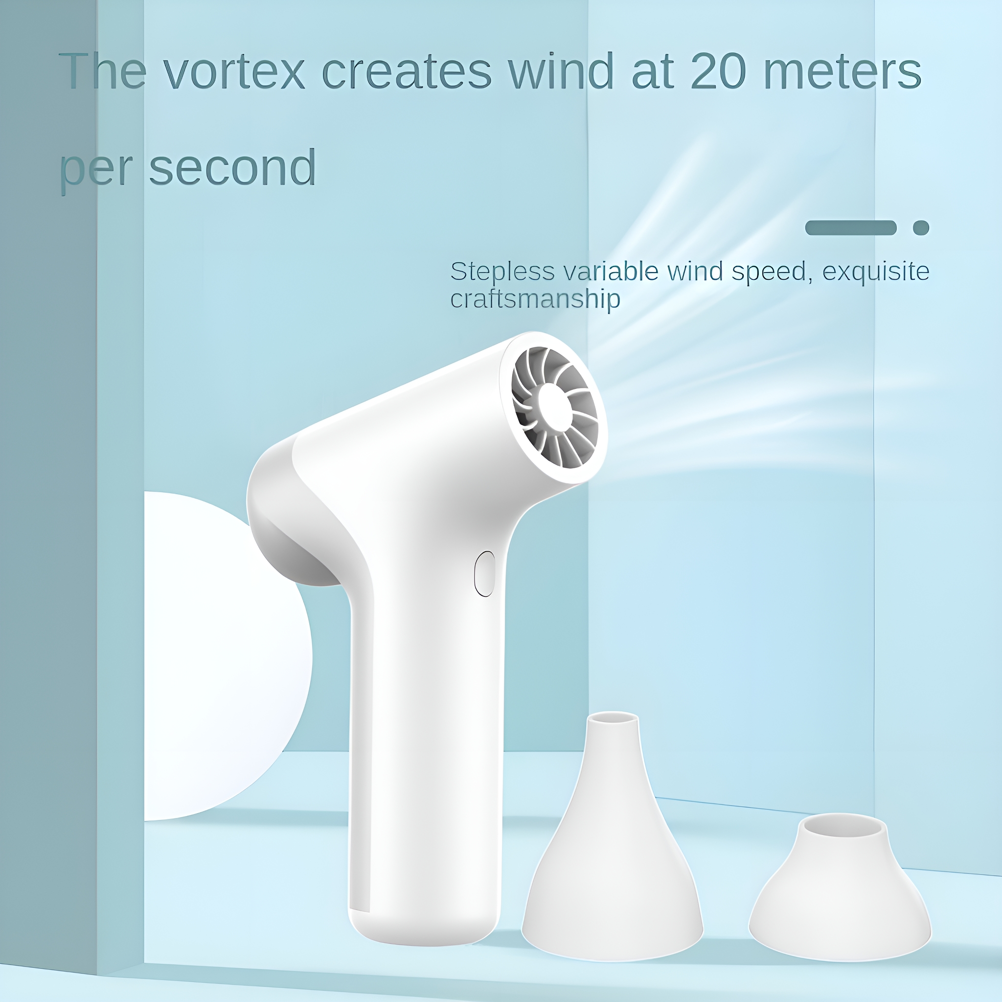 Weißer Handventilator mit drei Düsenaufsätzen und Text über Windgeschwindigkeit und Wirbel.