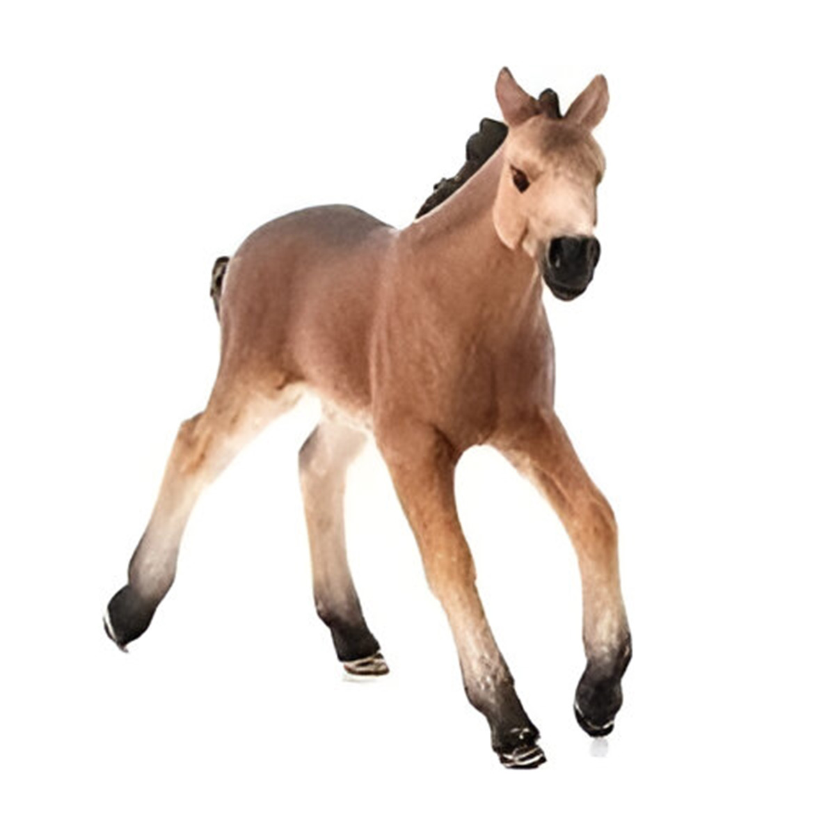 Figura di cavallo giocattolo marrone che corre su una superficie bianca.