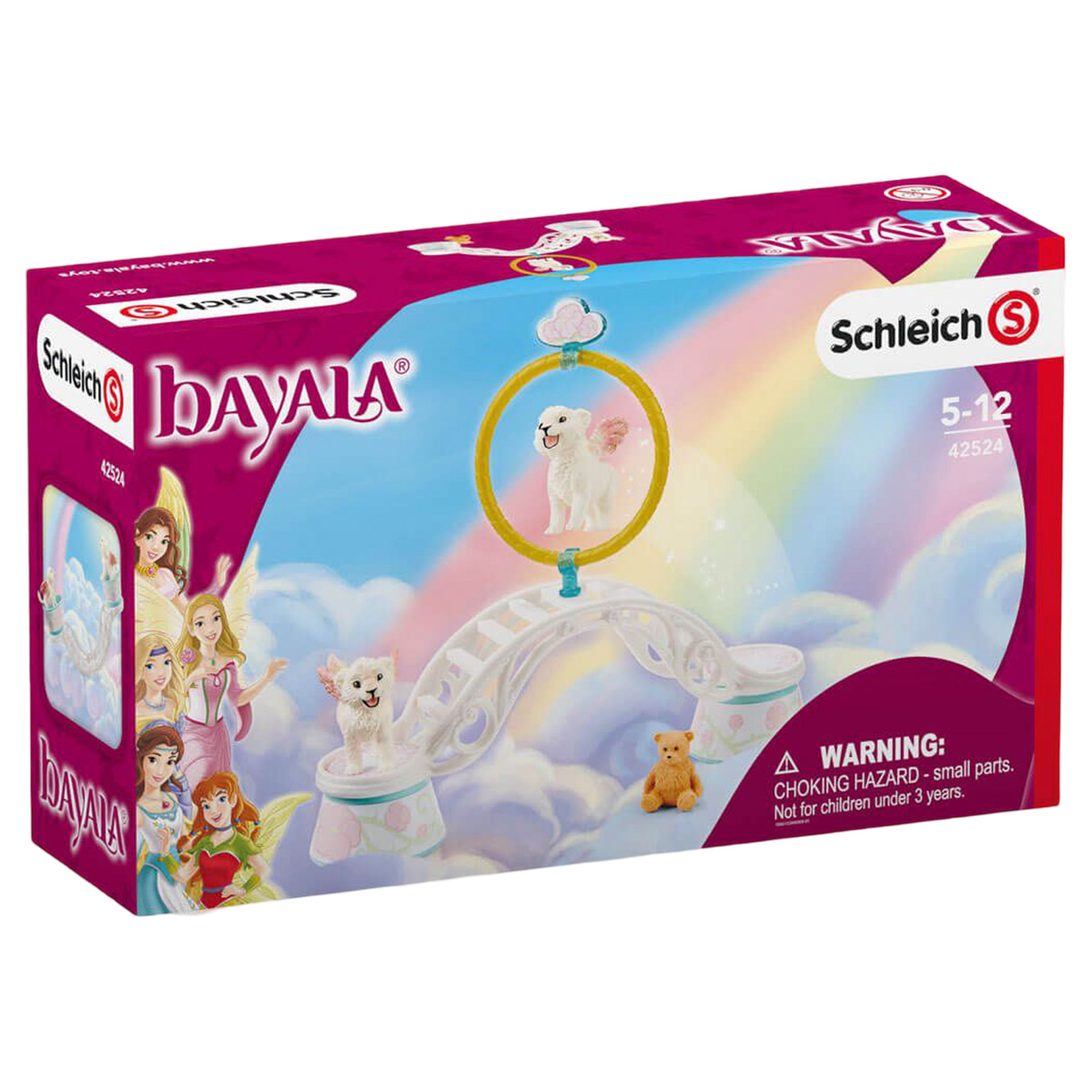 Scatola del set di giocattoli Schleich Bayala con tema fantasy, con figure di fate e un arcobaleno.