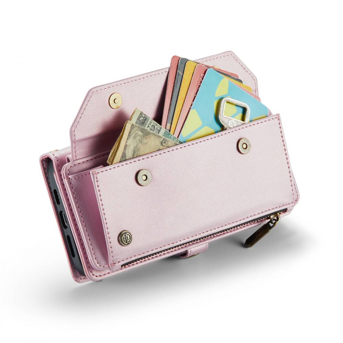 Pinkfarbene Handyhülle-Geldbörse offen, mit Karten und Geld. Mehrere Fächer und Knöpfe.