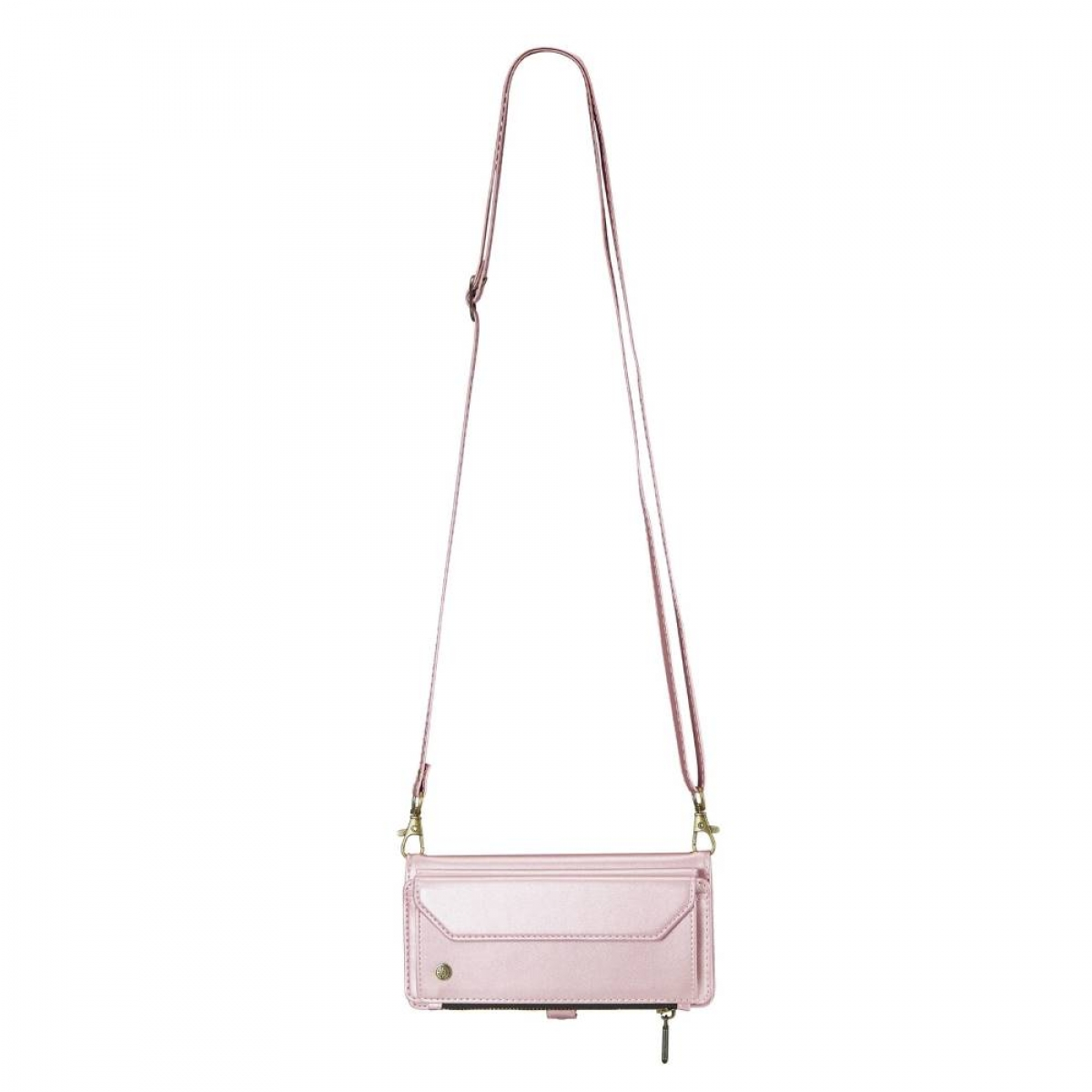 Eine pinkfarbene Umhängetasche im Brieftaschenstil mit langem Riemen, mit Reißverschluss verschlossen.