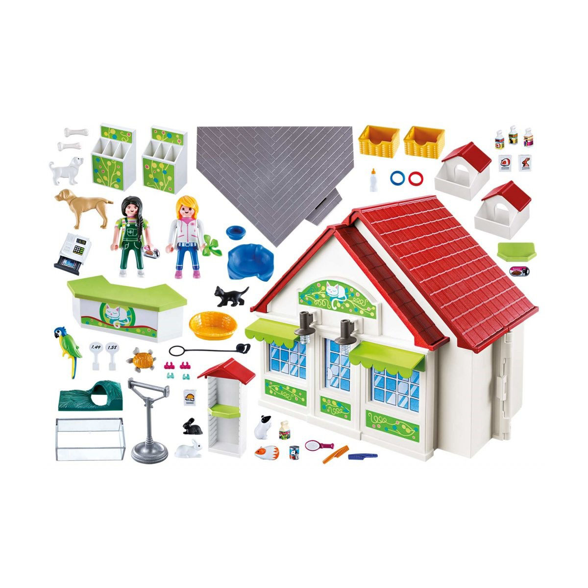 Playmobil Tierarzt-Set mit Gebäude, Figuren, Tieren und Zubehör auf Weiß.