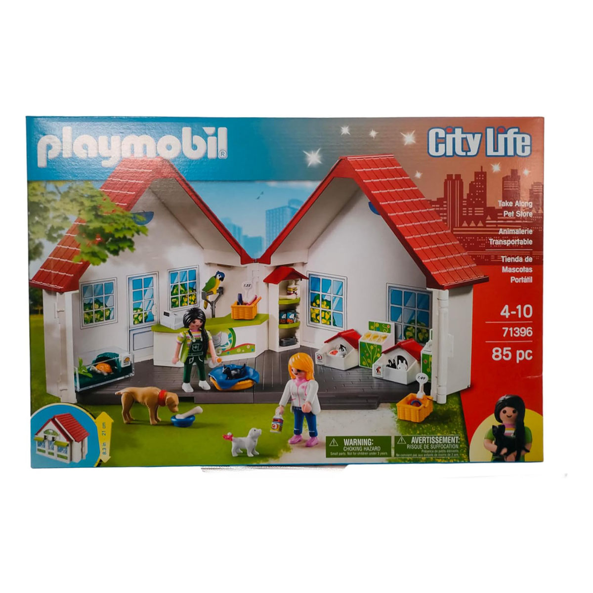 Playmobil City Life Box-Set mit Häusern, Figuren, Haustieren und Texten 'City Life' und 'Pet Store'.
