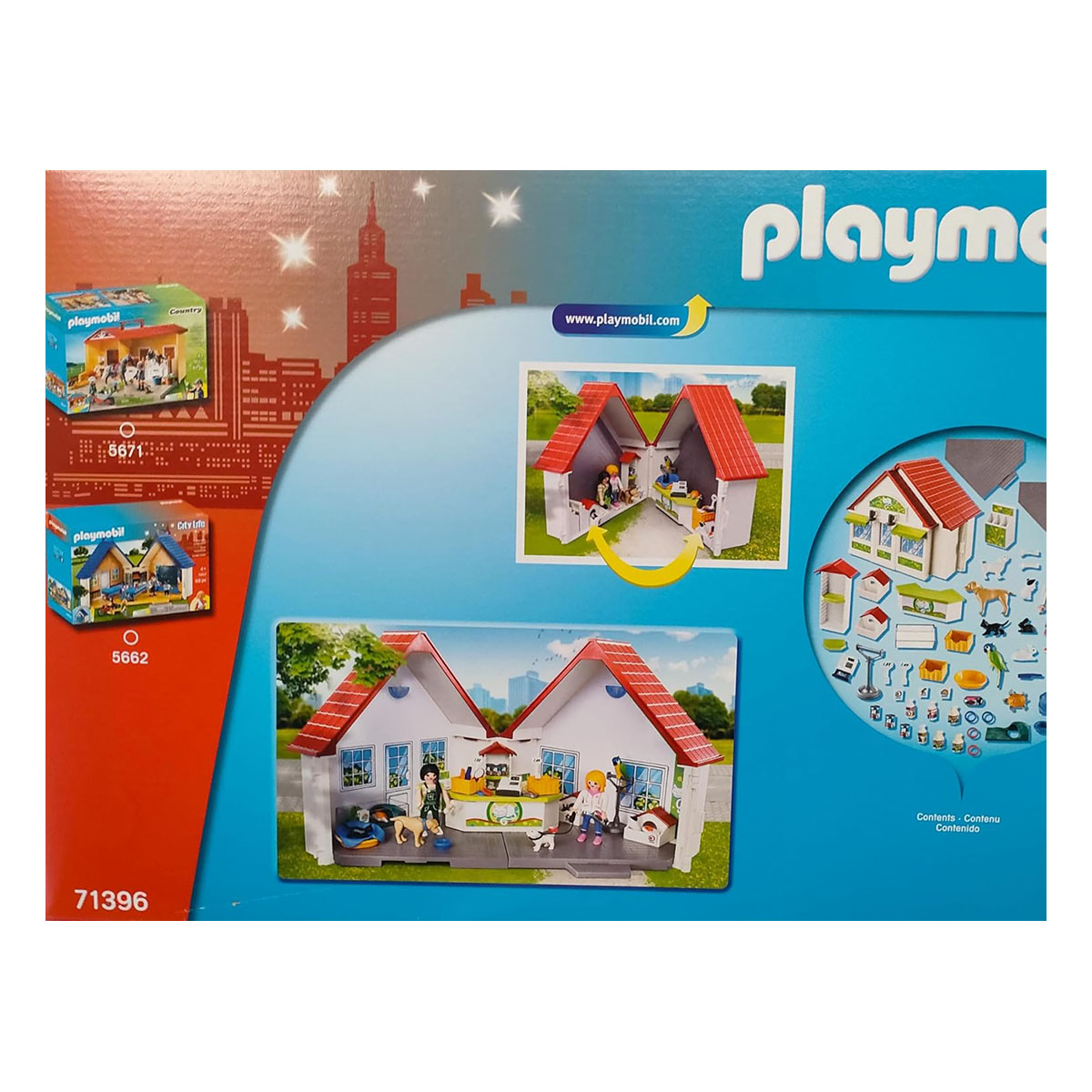 Playmobil-Setbox, zwei Hausdarstellungen und Zubehör, die eine Familienszene zeigen.