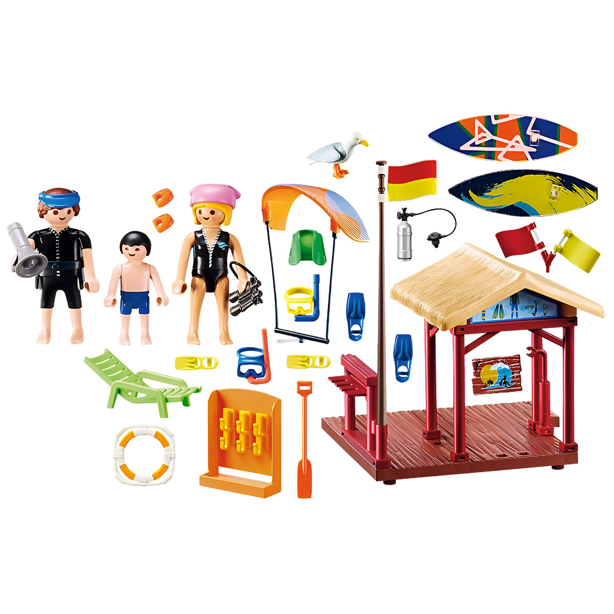 Een strandscène met Playmobil-figuren, waaronder mensen, een reddingspost en surfplanken.
