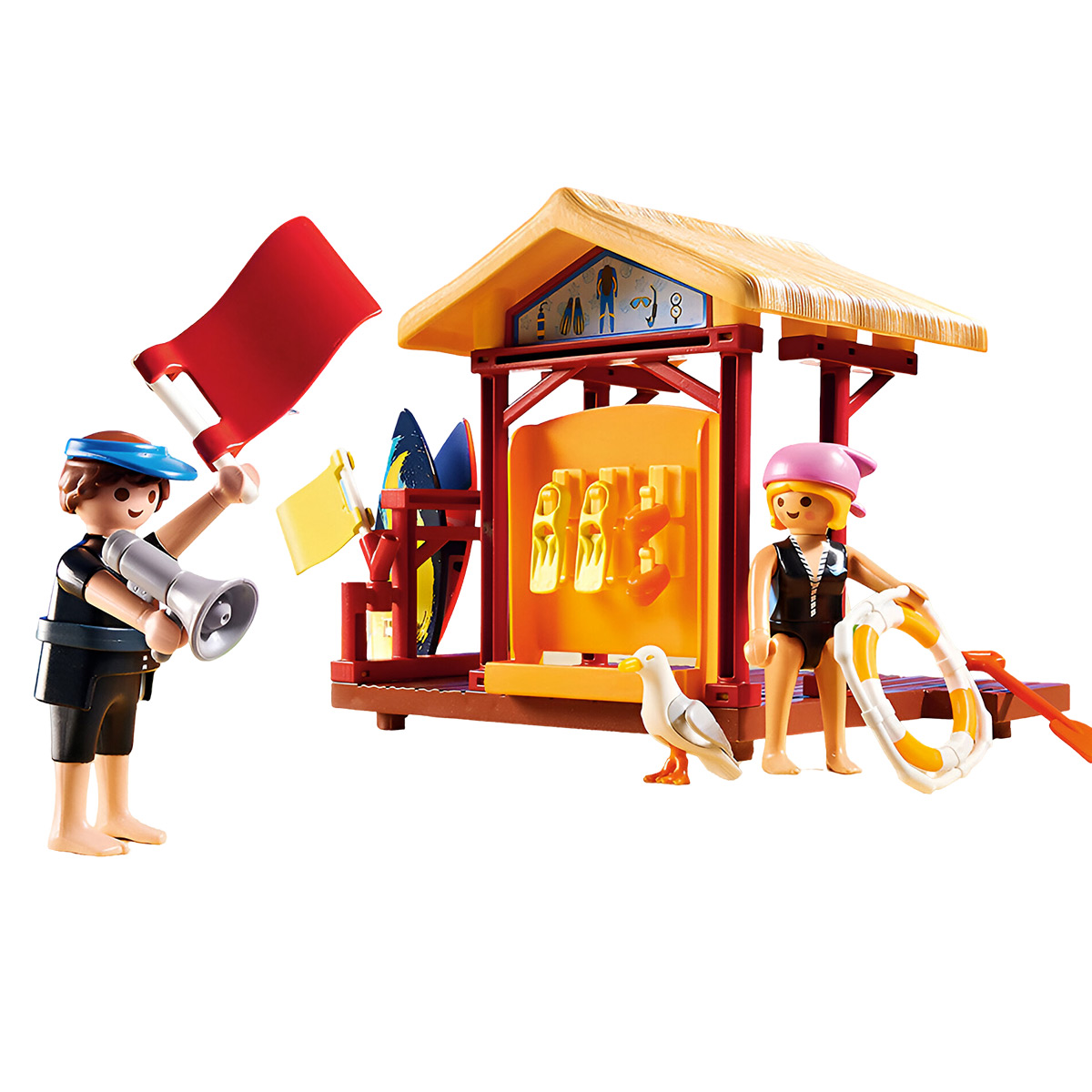 Playmobil strandwacht scène met figuren, accessoires en een strandhut.