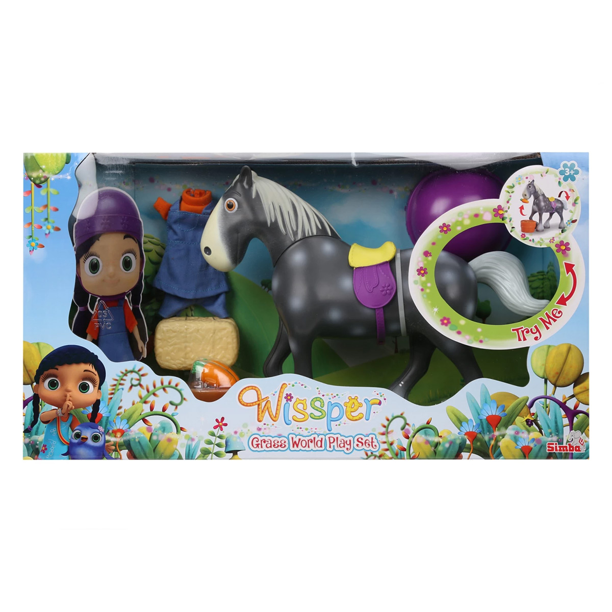 Wissper Spielzeugset. Pferd und Puppe in der Box. Pferd ist grau und schwarz. Puppe trägt blau.