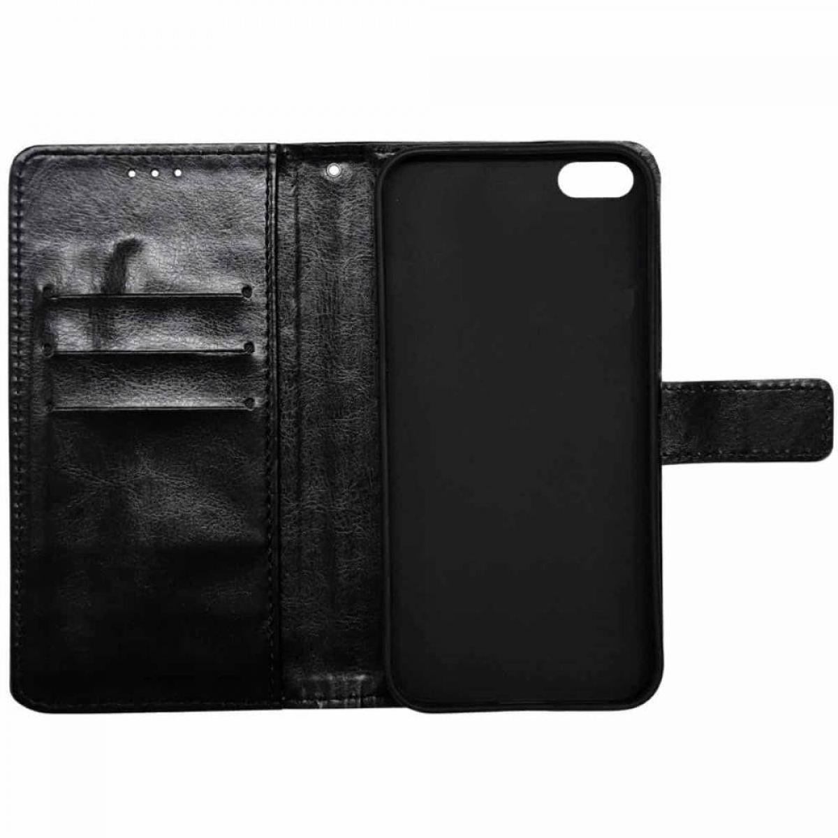 Schwarze Leder-Handyhülle, offen, Rückseite des Telefons zeigend. Hat Löcher für Kamera und Knöpfe.