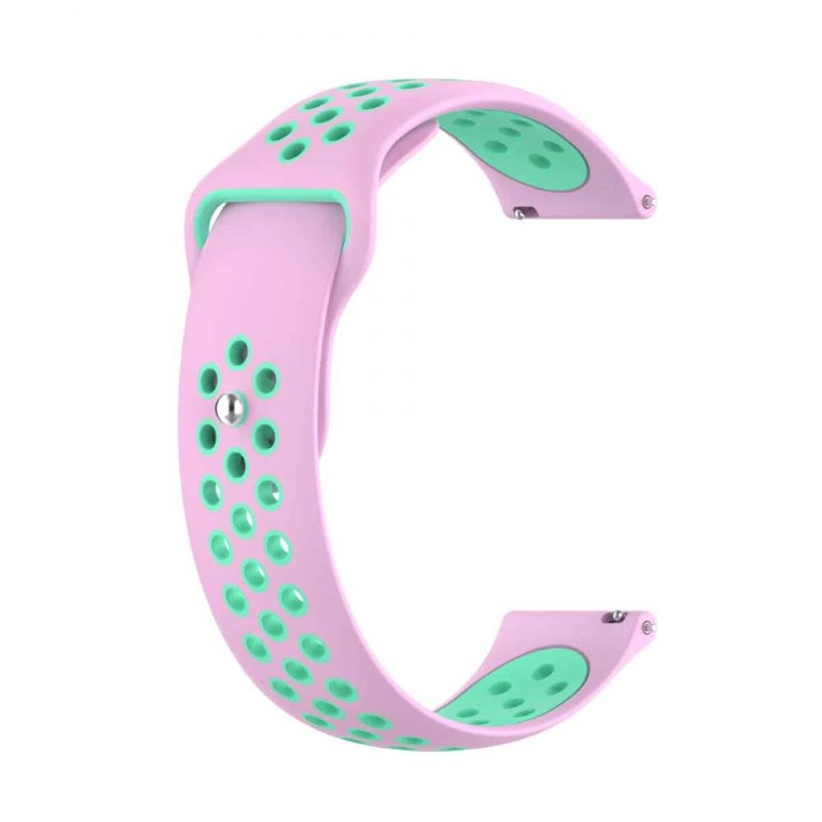 Rosa und grünes Uhrenarmband. Das Armband hat Löcher und C-Form.