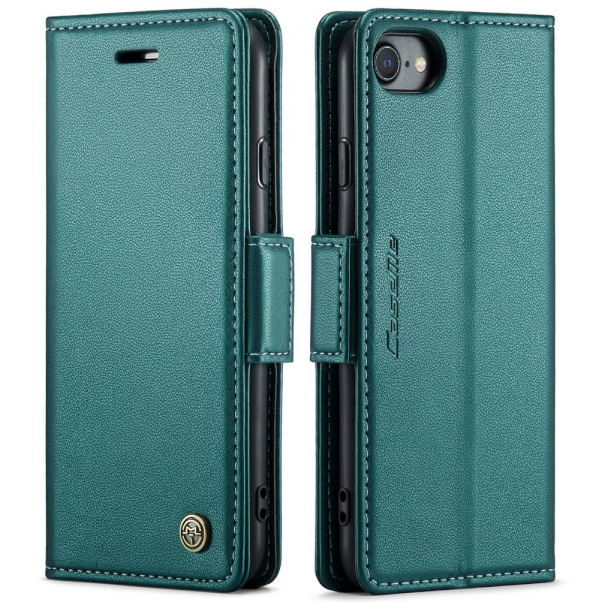 Zwei tealfarbene Handyhüllen, eine geschlossen und eine offen, mit einem Telefon.