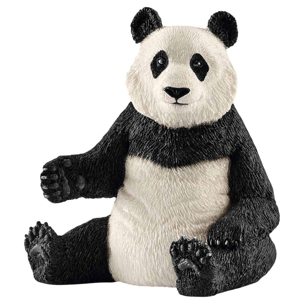 Eine Panda-Bär-Figur, die sitzt, mit schwarz-weißem Fell und schwarzen Augen.