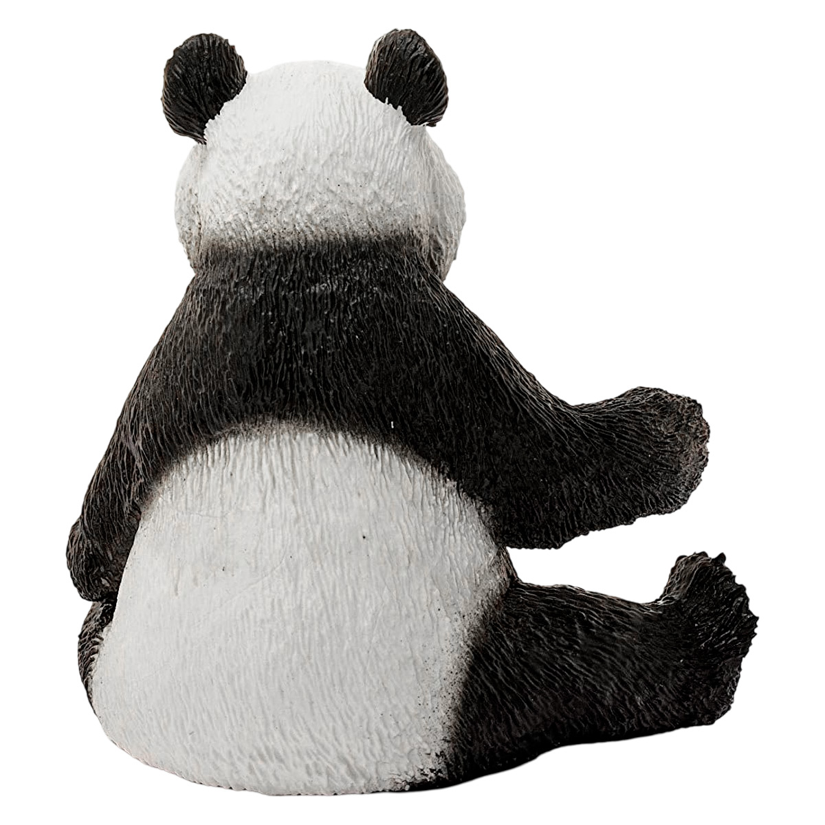 Eine Pandabär-Figur von hinten gesehen, schwarz und weiß.