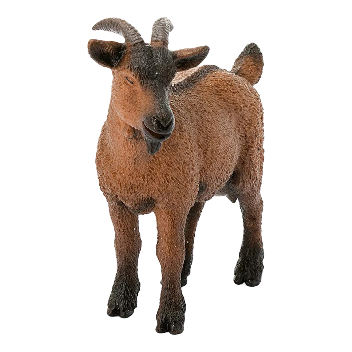 Giocattolo di capra marrone con corna. Sfondo bianco.