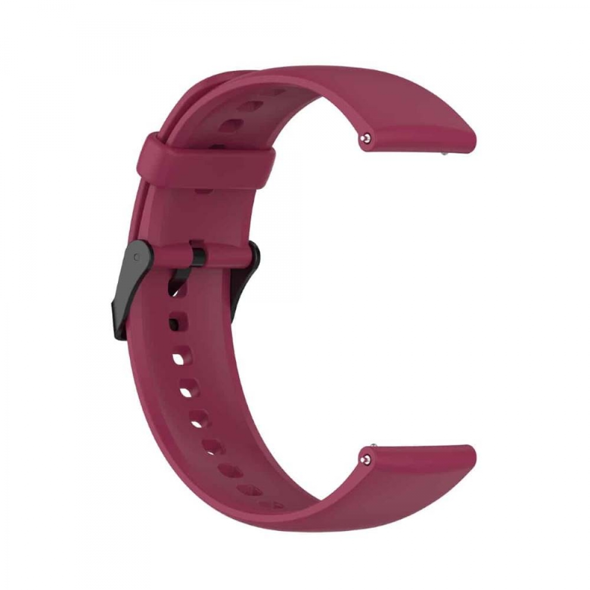 Ein weinrotes Uhrenarmband mit schwarzer Schnalle, in offener, gebogener Form.