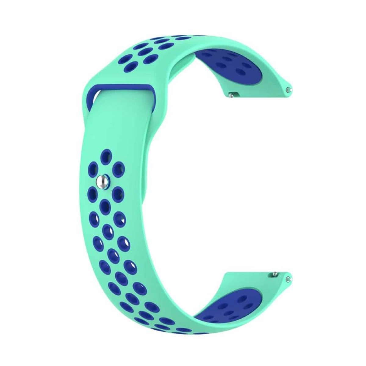 Grünes und blaues Uhrenarmband, gebogene Form mit Löchern, zweifarbiges Design.