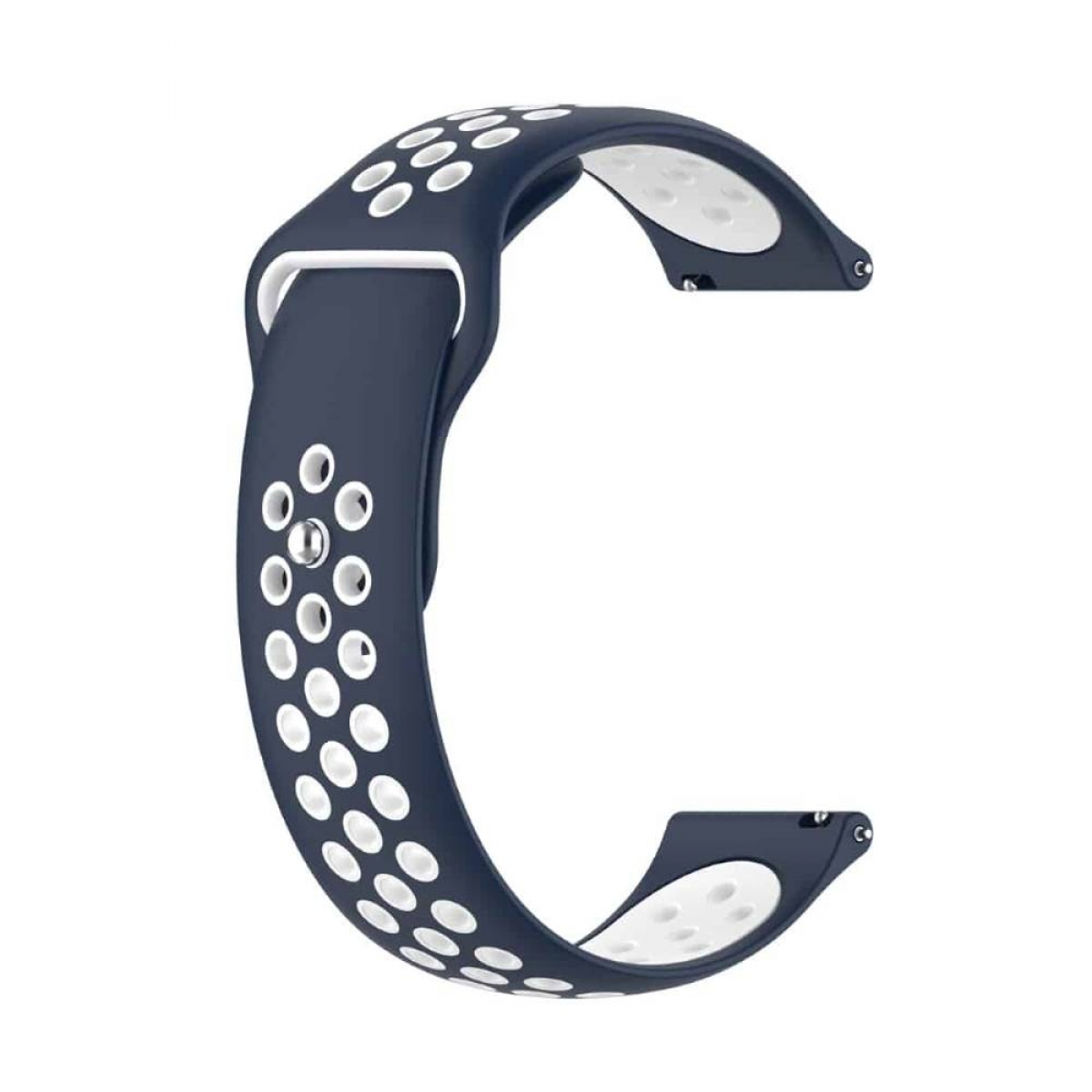 Ein dunkelblaues Uhrenarmband mit weißen kreisförmigen Perforationen. Das Band ist gebogen und offen.