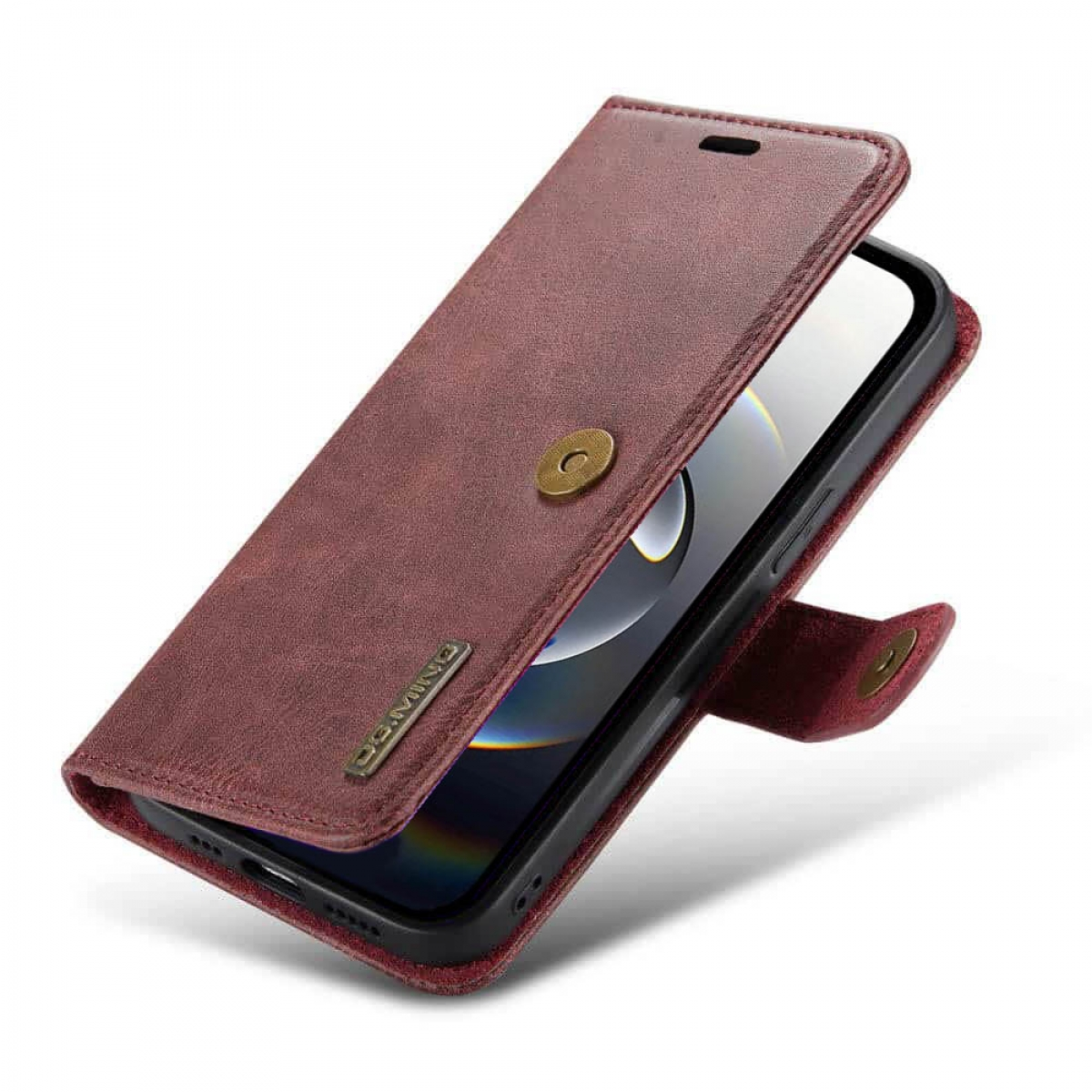 Ein Telefon in einer rotbraunen Lederhülle, offen, mit sichtbarem Bildschirm.
