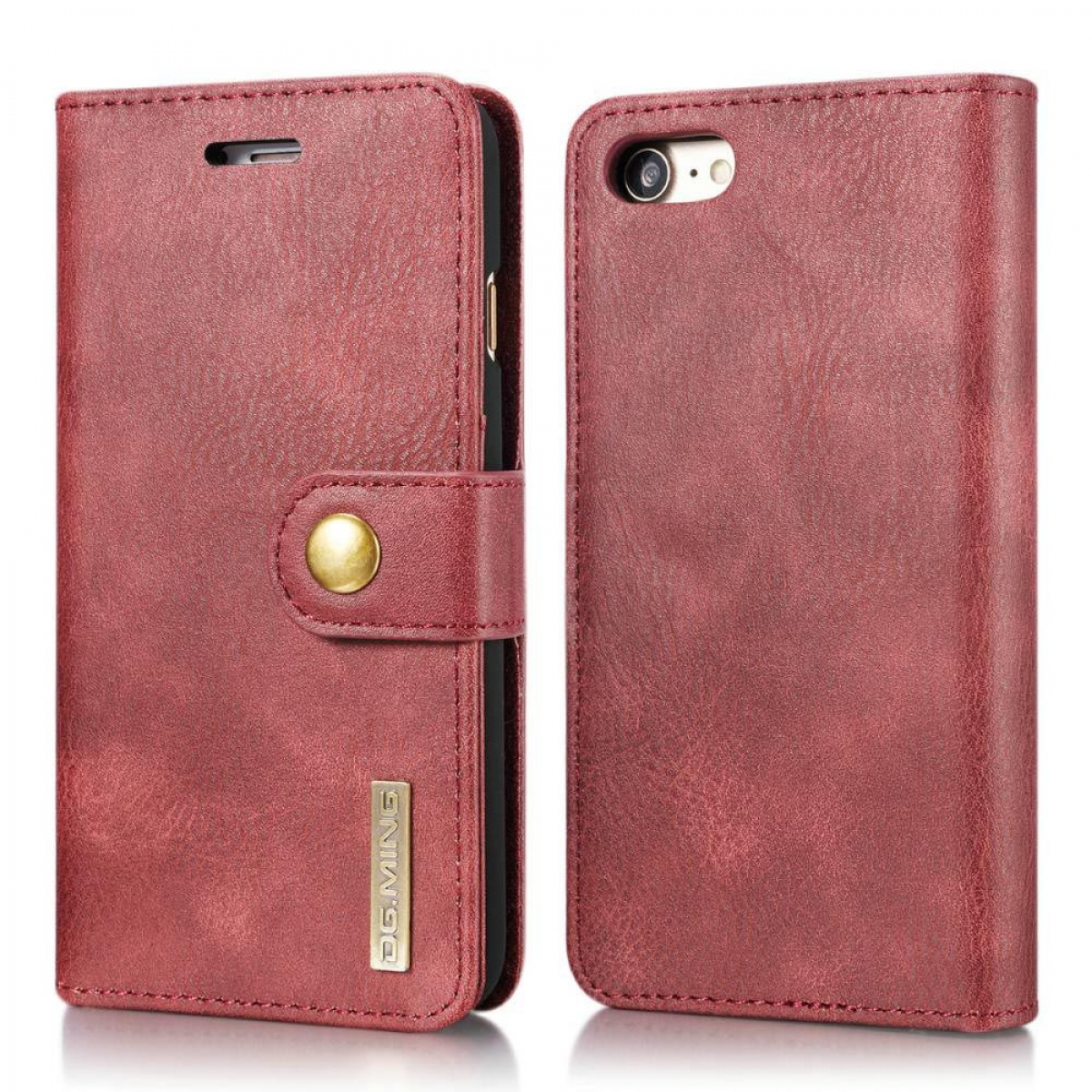 Eine rote Leder-Handyhülle, Vorder- und Rückansicht, mit Goldknopf.