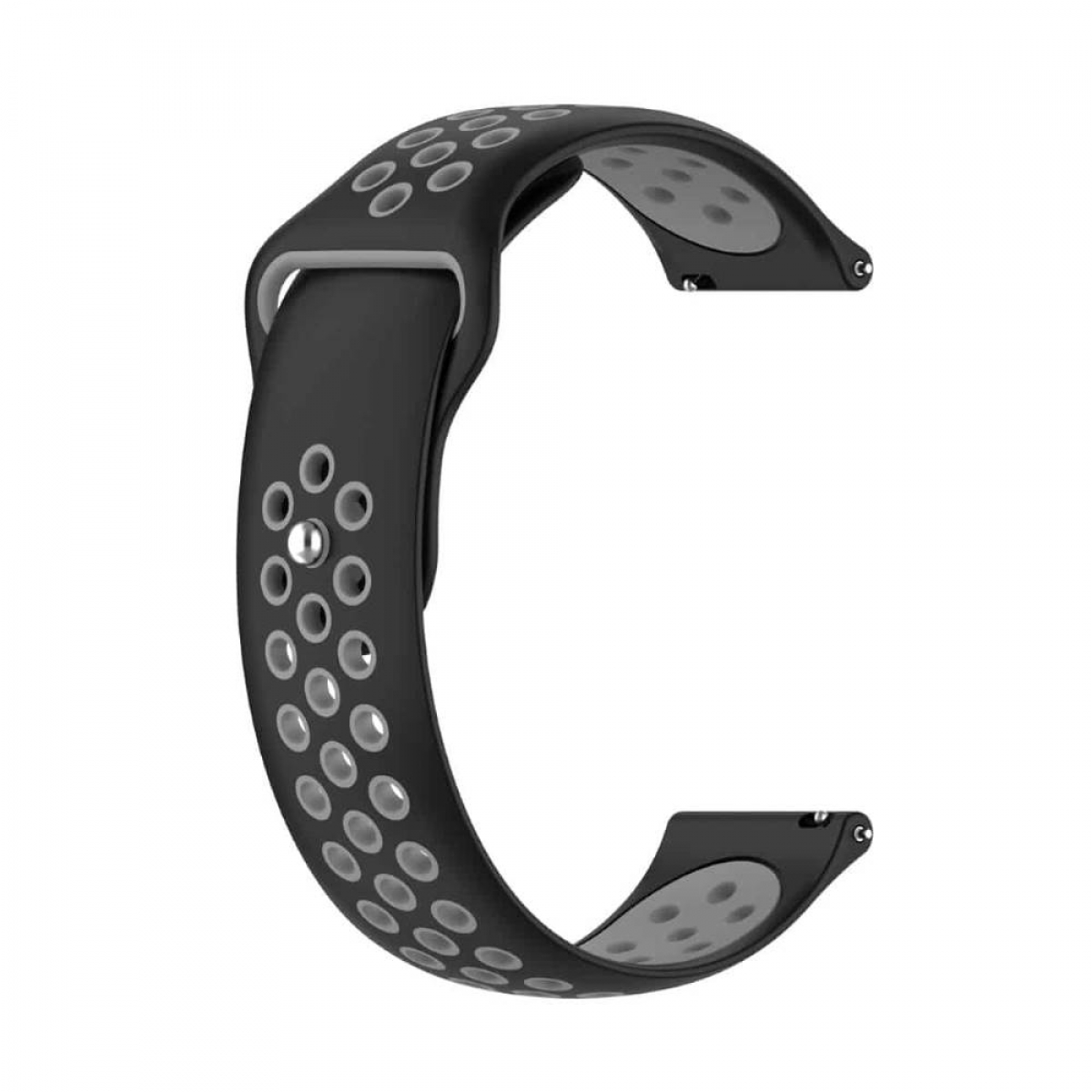 Schwarzes und graues Armband mit Löchern, in C-Form, für eine Smartwatch oder einen Fitnesstracker.