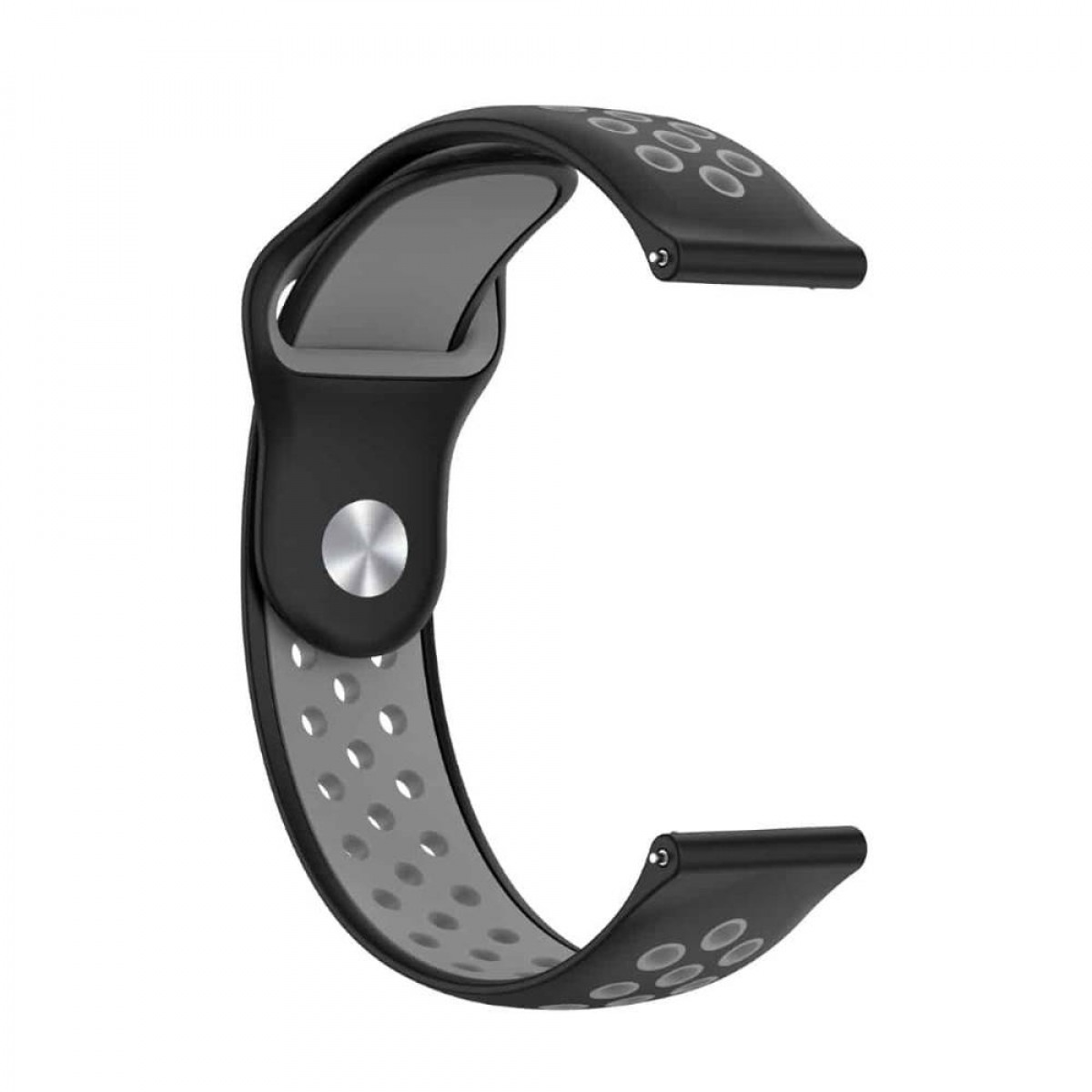 Schwarzes Uhrenarmband mit grau perforierter Mitte. Metallakzent am Verbindungspunkt.