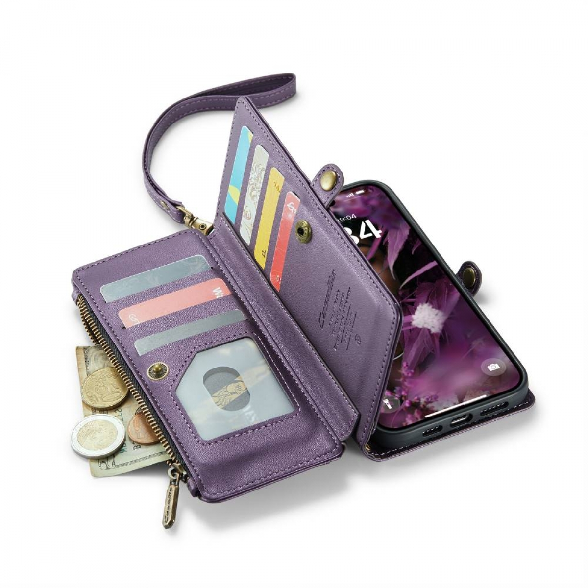 Eine lila Geldbörse-Handyhülle, offen mit sichtbaren Karten und Geld, und ein Telefon.