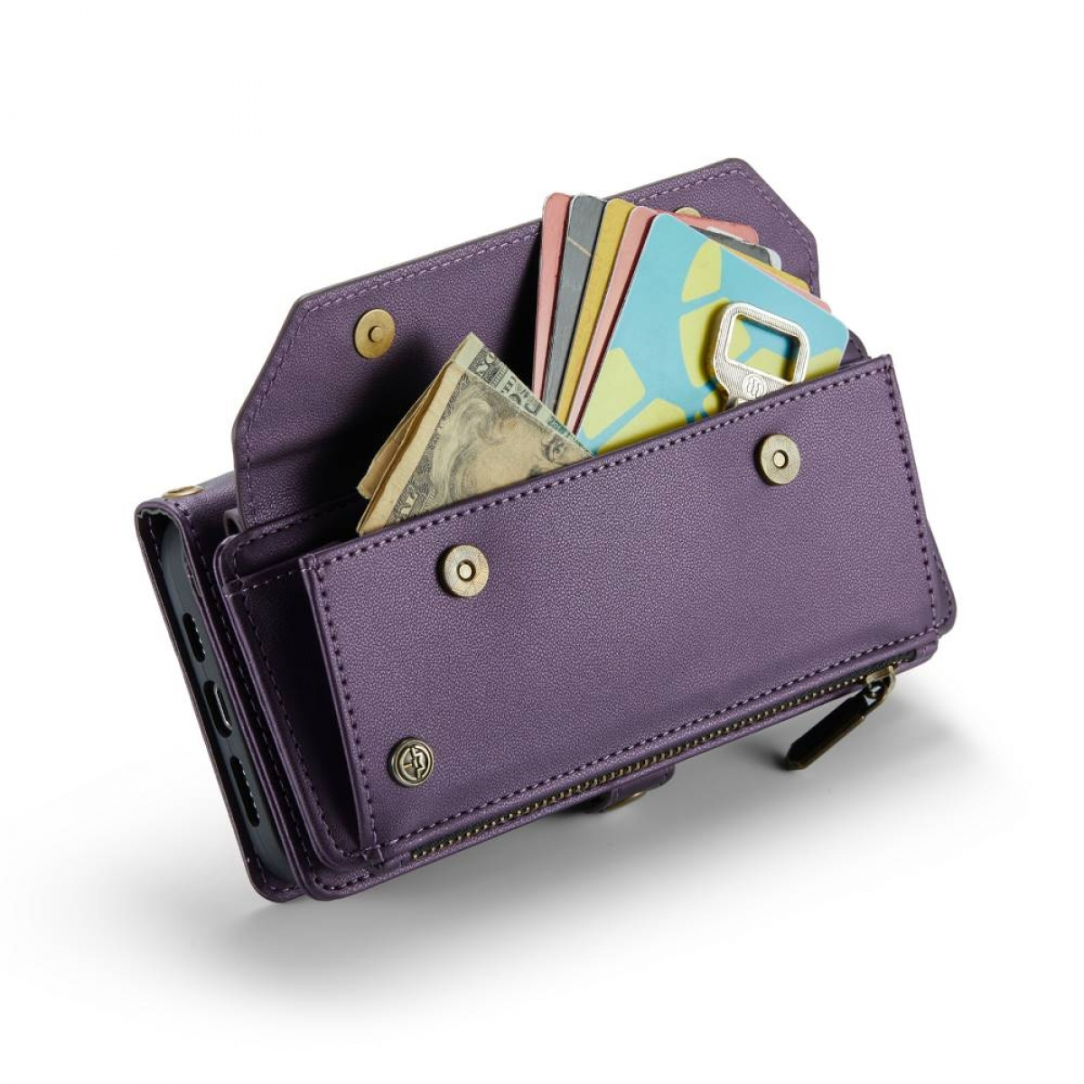 Lila Geldbörsen-Handyhülle geöffnet, zeigt Karten, Bargeld und einen Flaschenöffner.