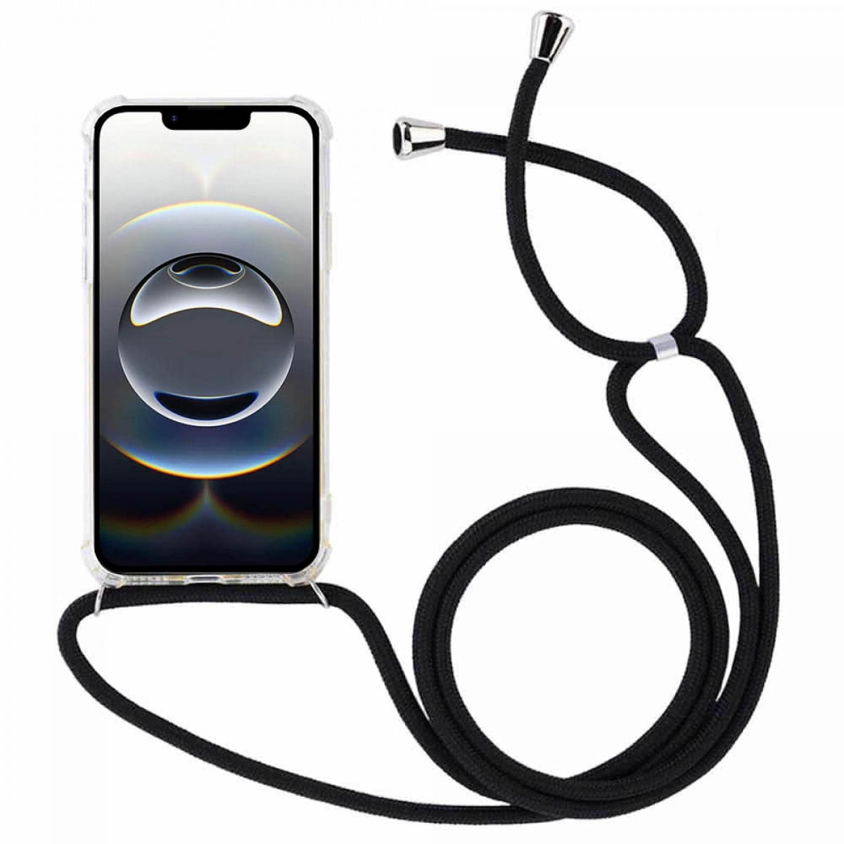 Eine transparente Handyhülle mit schwarzem Kordel. Das Telefon hat einen dunklen Bildschirm.