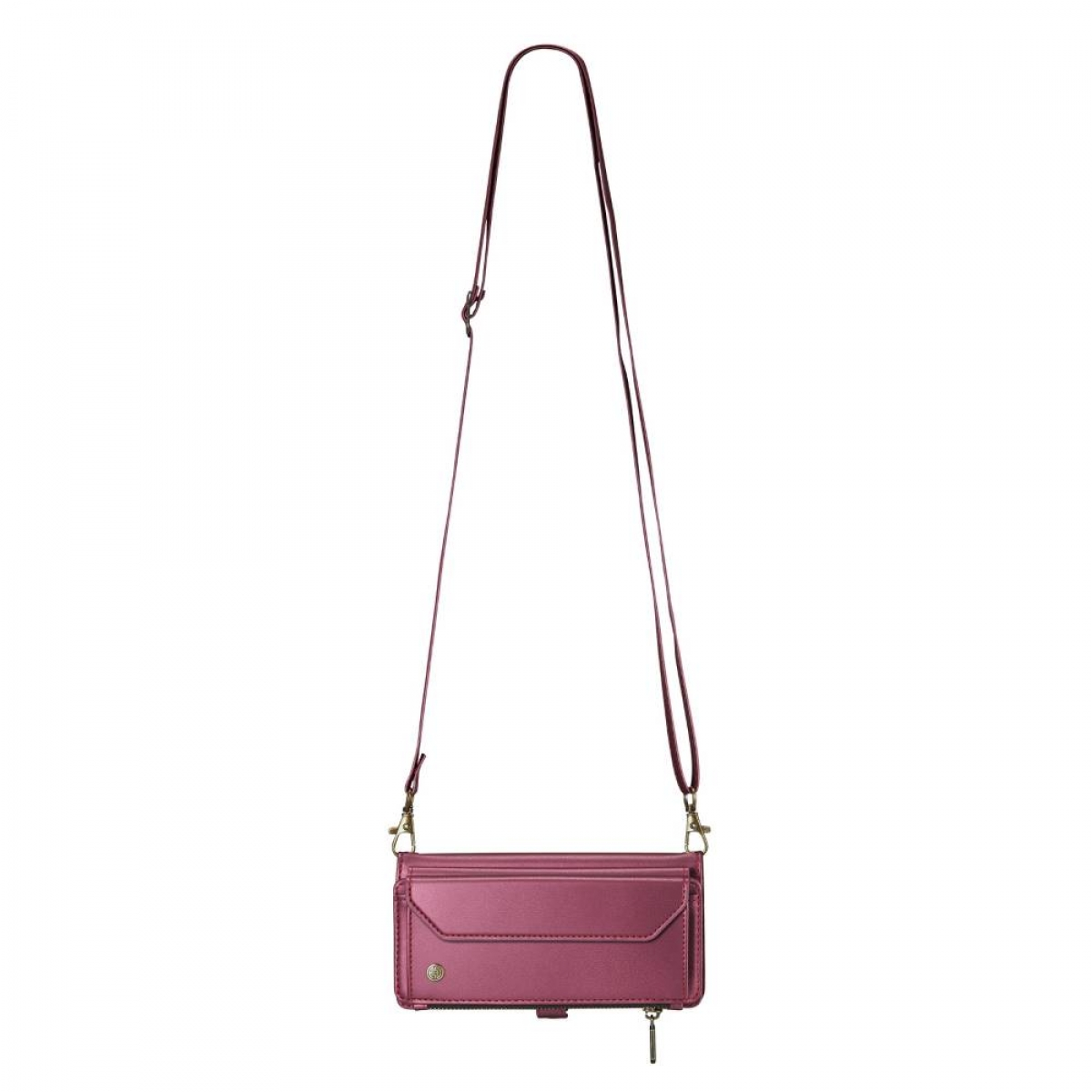 Eine rosa Umhängetasche mit langem Riemen. Die Tasche hat eine Klappe und einen Reißverschluss.