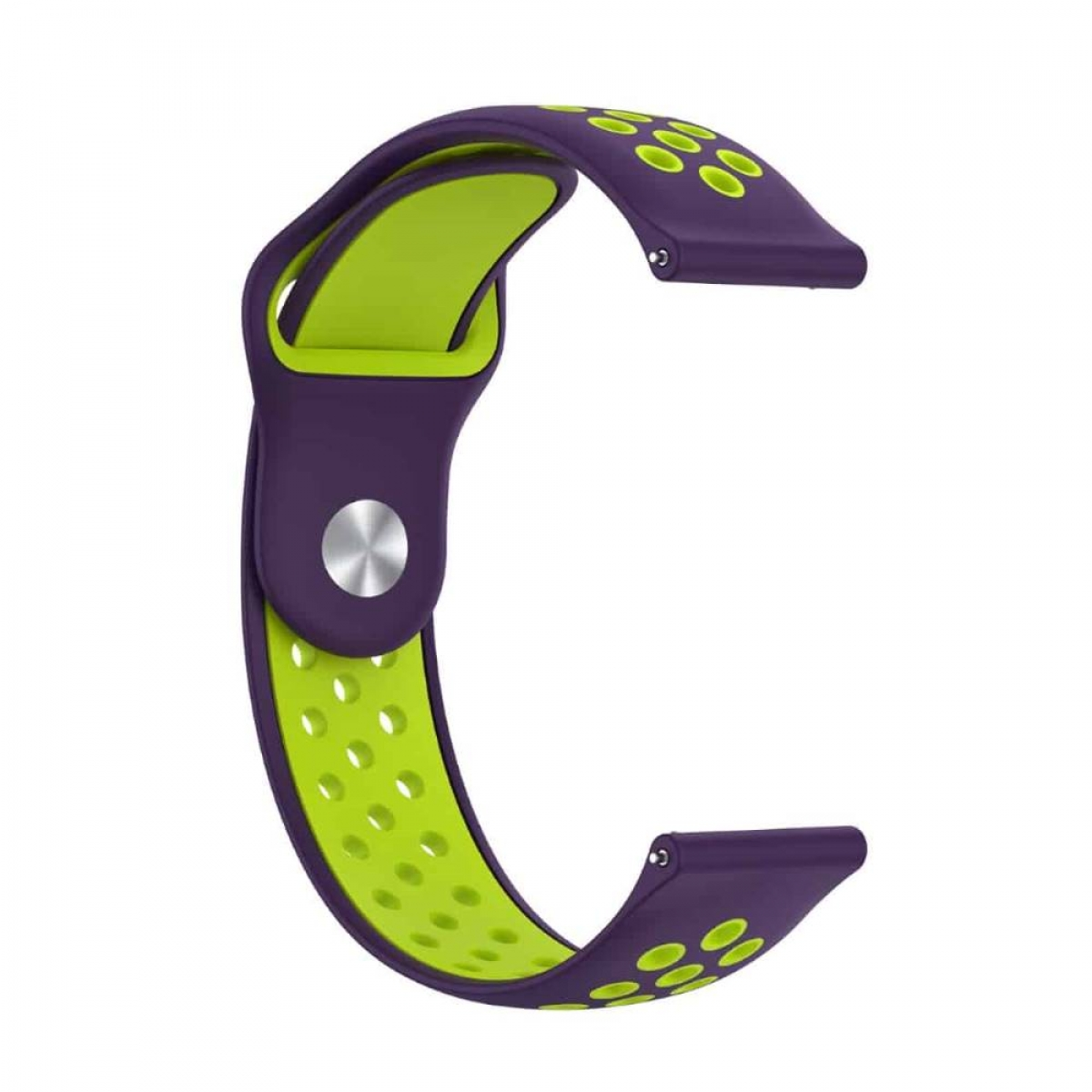 Lila-grünes Smartwatch-Armband. Perforierte grüne Innenseite und lila Außenseite.