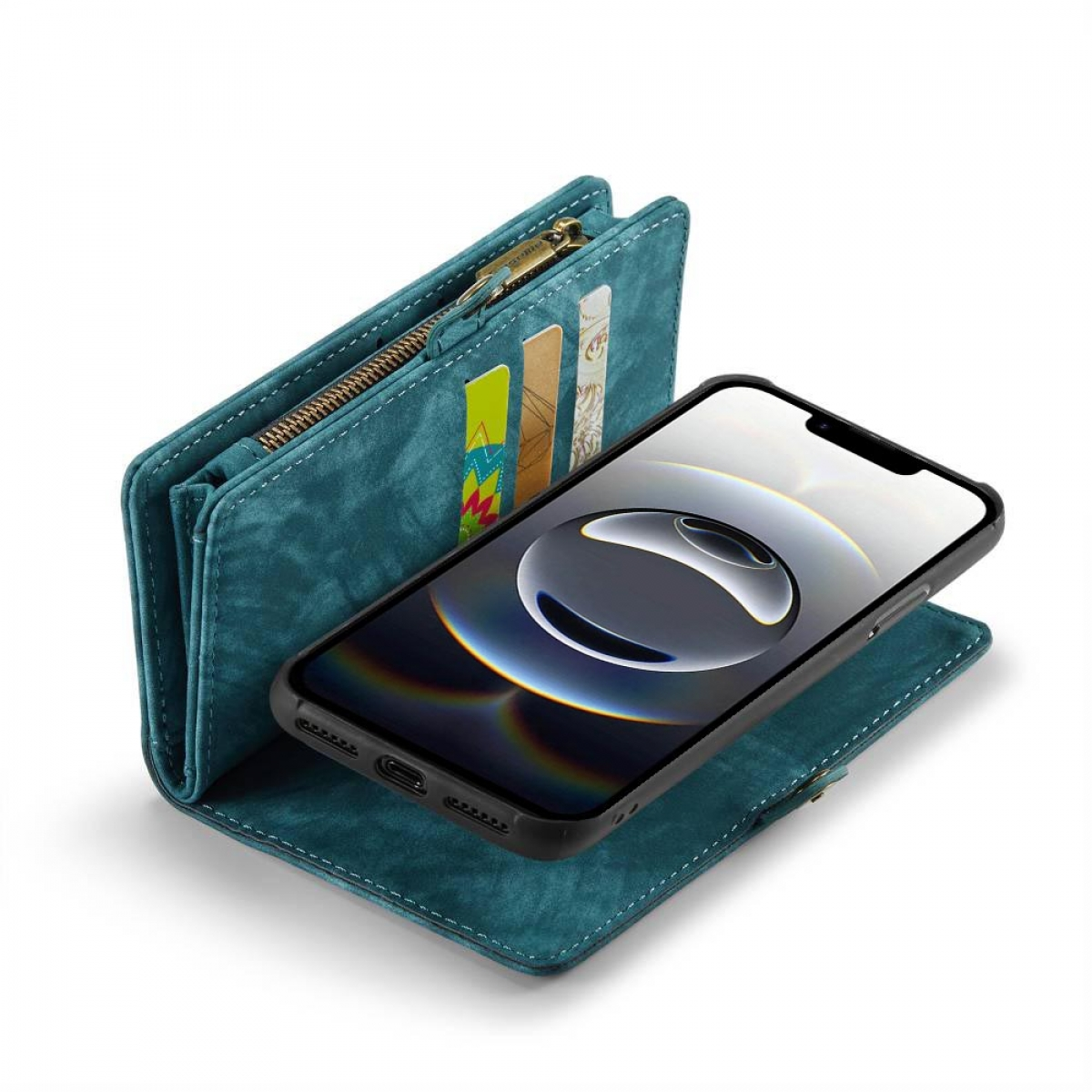 Türkisfarbene Brieftasche mit Telefon, Kreditkarten, geöffnet, zeigt den Bildschirm des Telefons.