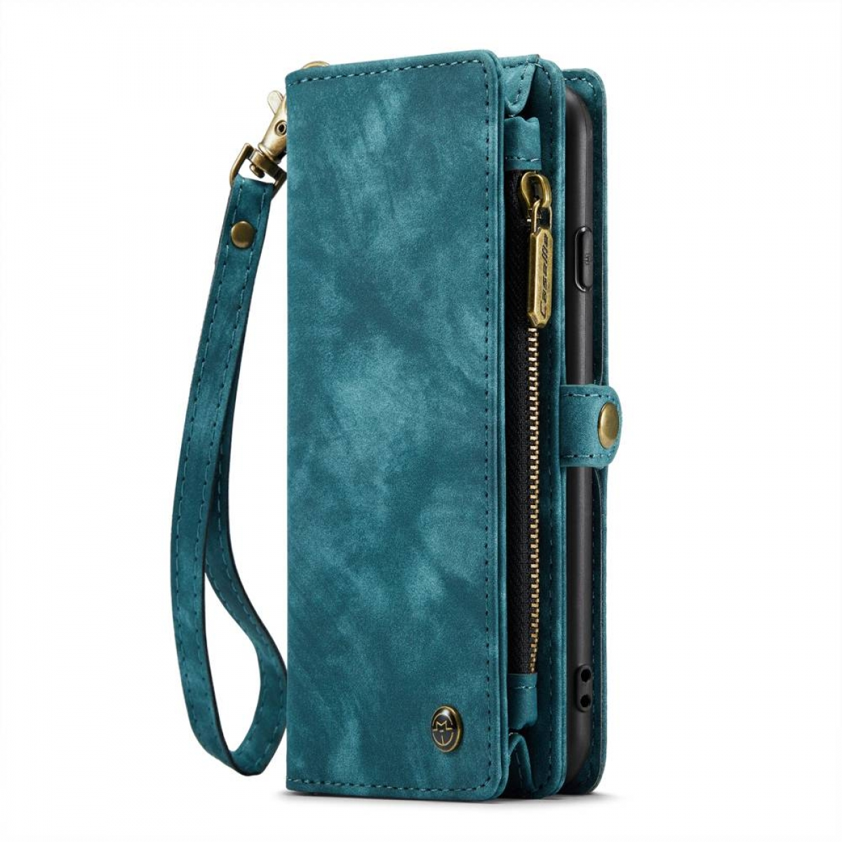 Türkisfarbenes Brieftaschen-Handycase mit Handschlaufe, mit Reißverschlusstasche und Kartenfächern.