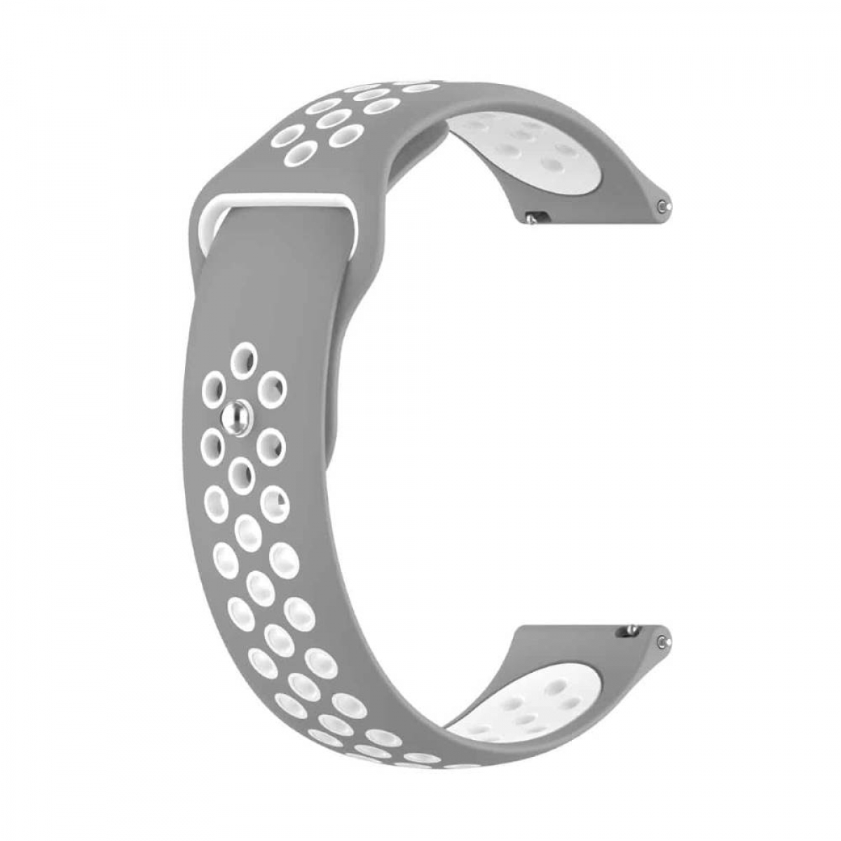 Graues und weißes Smartwatch-Armband. Es hat viele kleine Löcher.