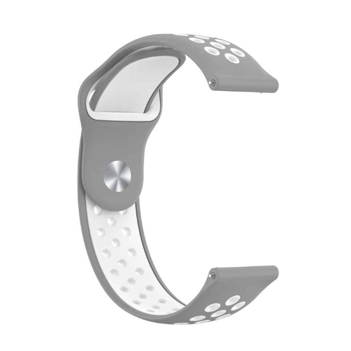 Graues und weißes Uhrenarmband auf weißem Grund, in C-Form.