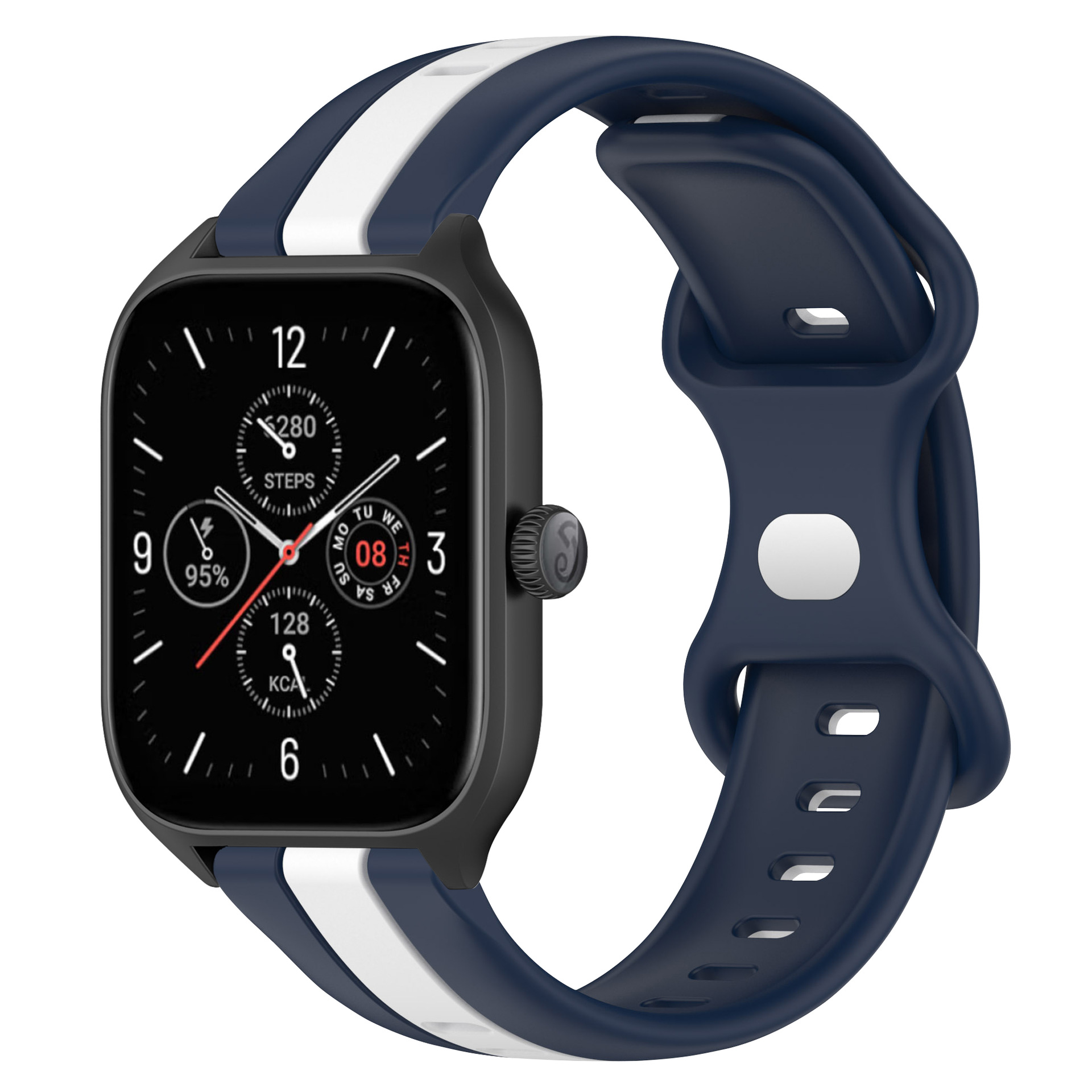 Smartwatch nero con cinturino blu e striscia bianca, mostra tempo e statistiche.