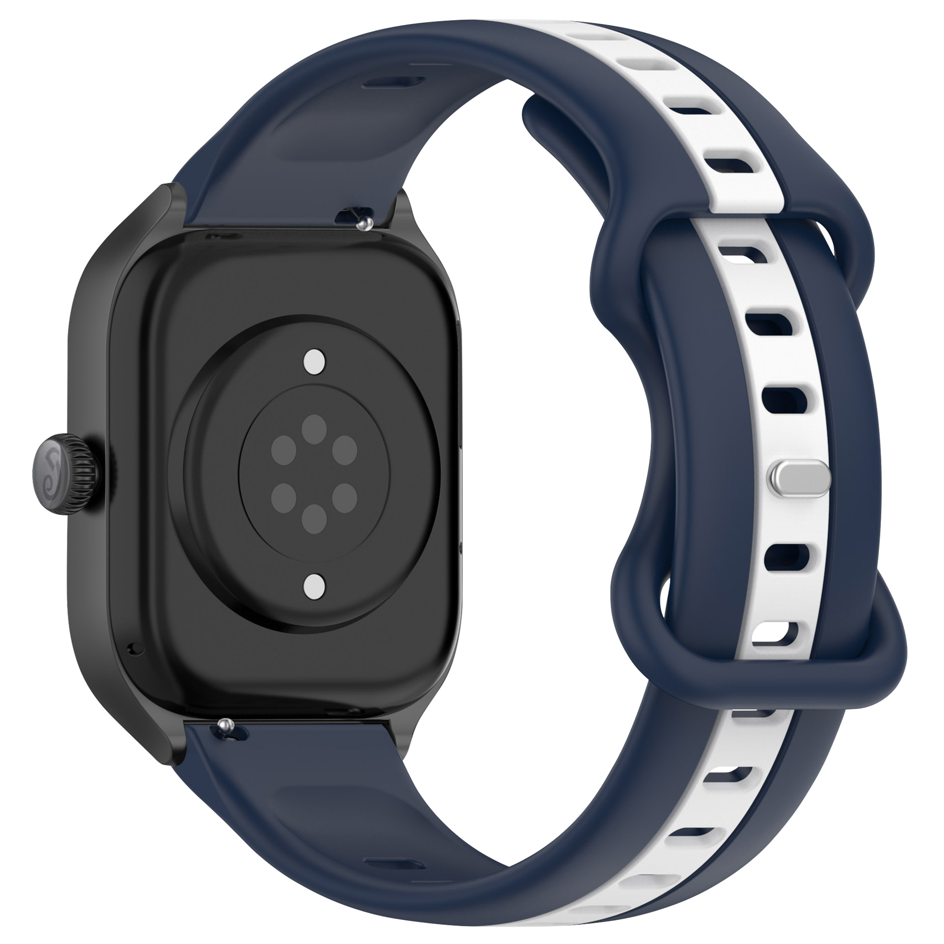 Uno smartwatch nero con cinturino blu e bianco.
