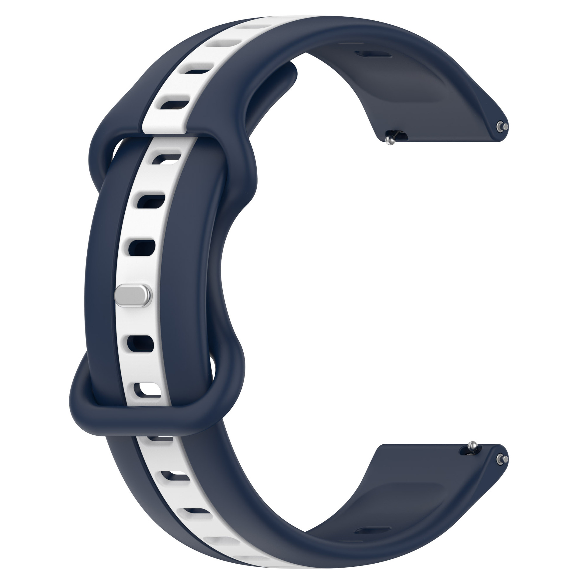 Un cinturino blu navy e bianco. Ha una forma curva. Il cinturino ha fori e una chiusura.