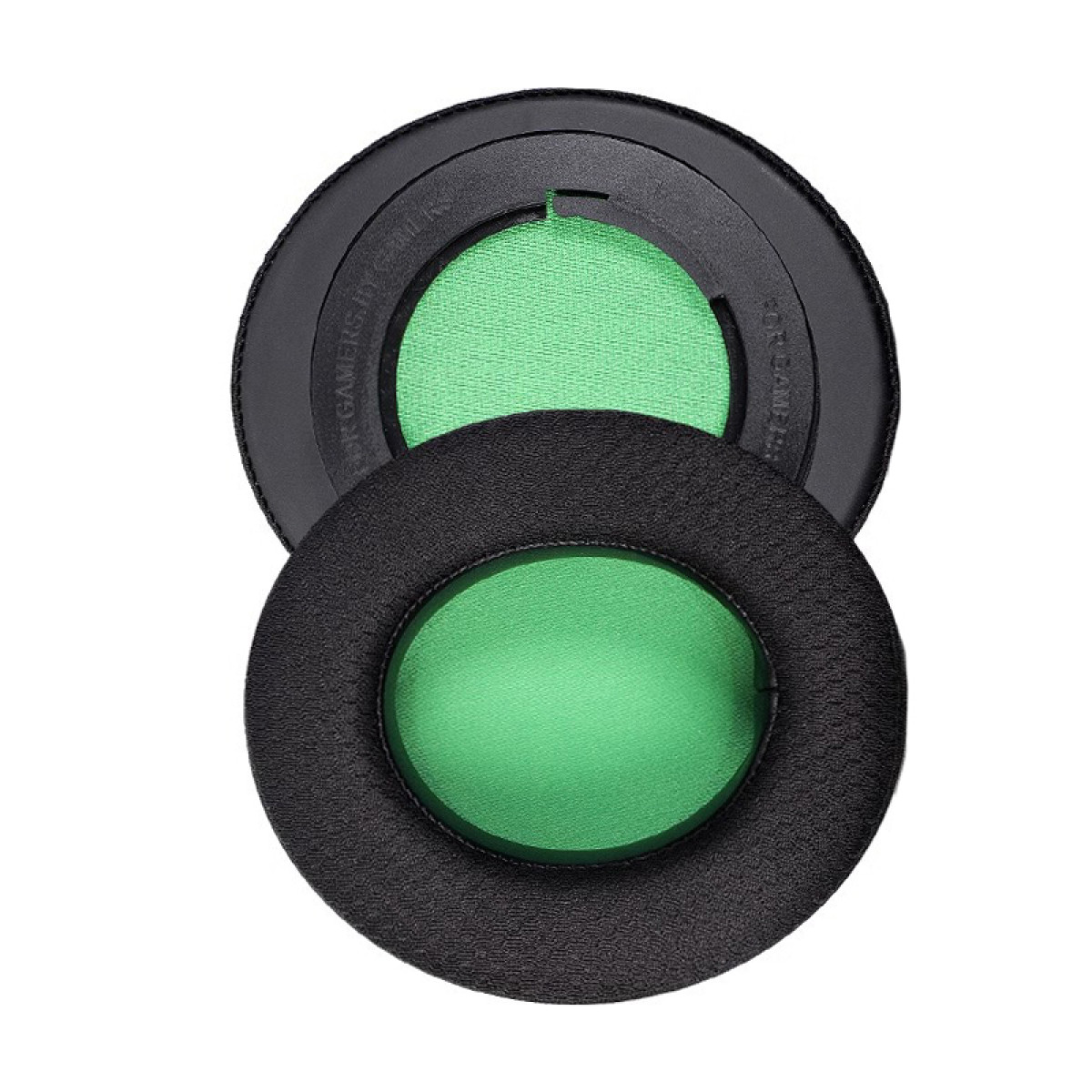 Dwie czarne nauszniki z zieloną siatką w środku, jedna umieszczona nad drugą, na białym tle.