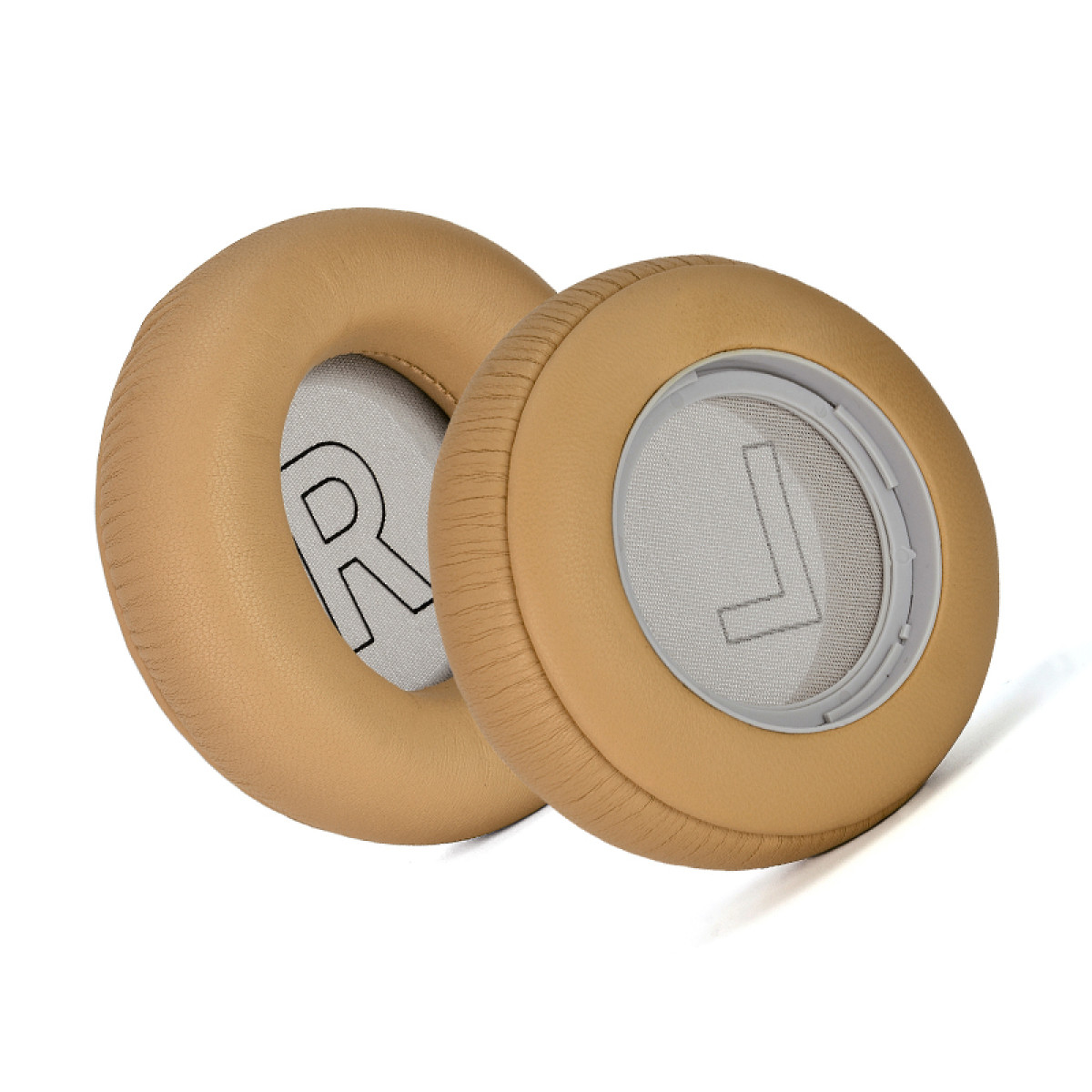 Dwie beżowe nausznice, jedna na drugiej, z literami 'R' i 'L' wewnątrz okrągłych otworów.