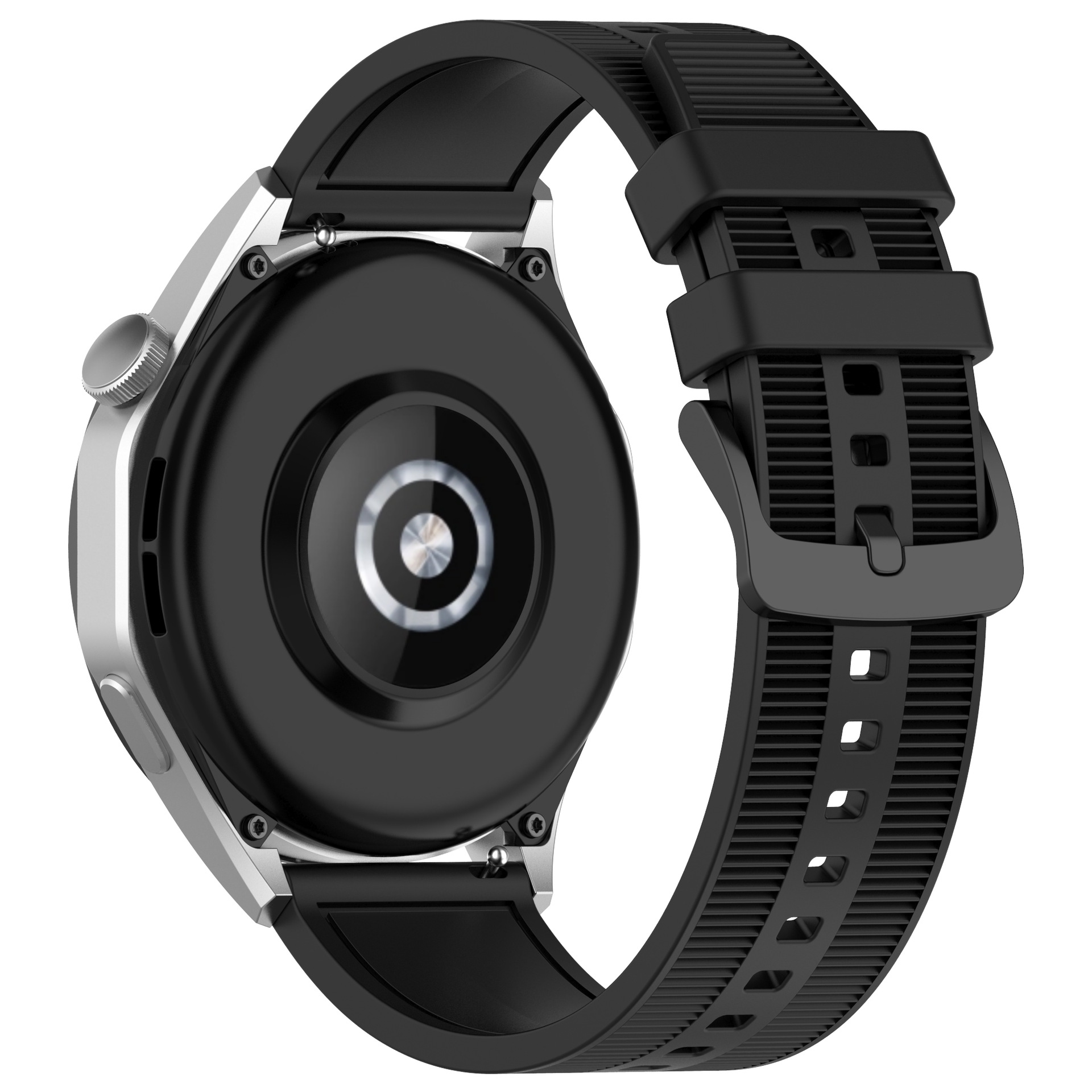 Smartwatch, Rückansicht, schwarzes Armband, Metallrahmen, kreisförmiges Design, Sensor in der Mitte.