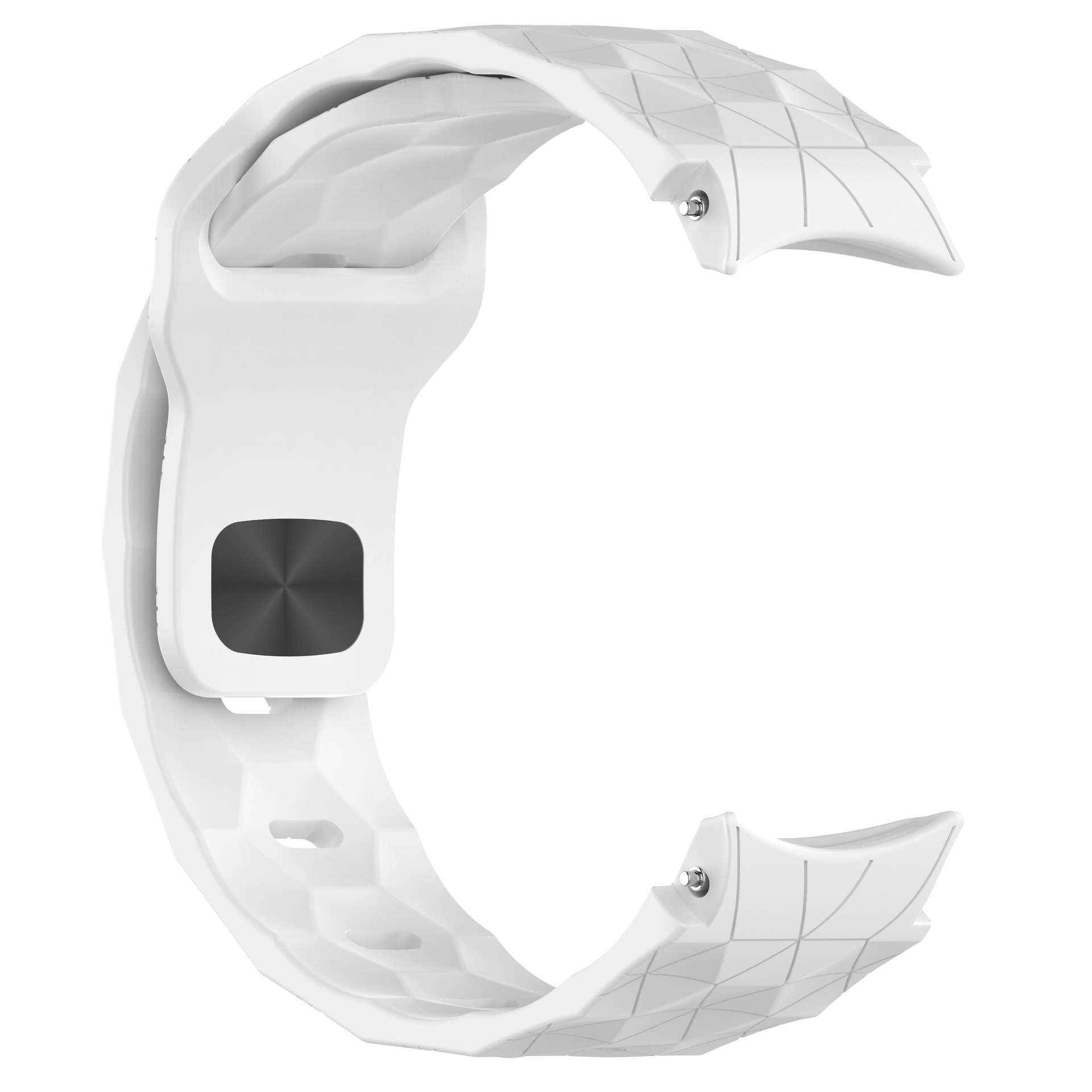 Weißes Uhrenarmband mit geometrischem Texturdesign. Verfügt über ein schwarzes Quadrat und Metallstifte.