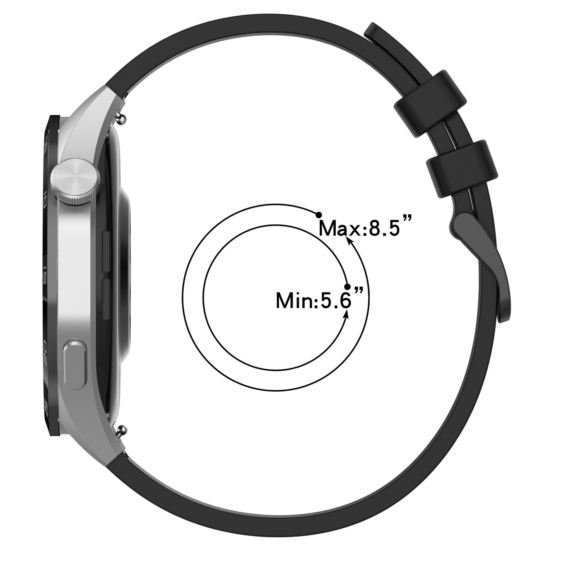 Seitenansicht einer schwarz-silbernen Smartwatch mit schwarzem Armband. Die Armbandgröße wird gemessen.