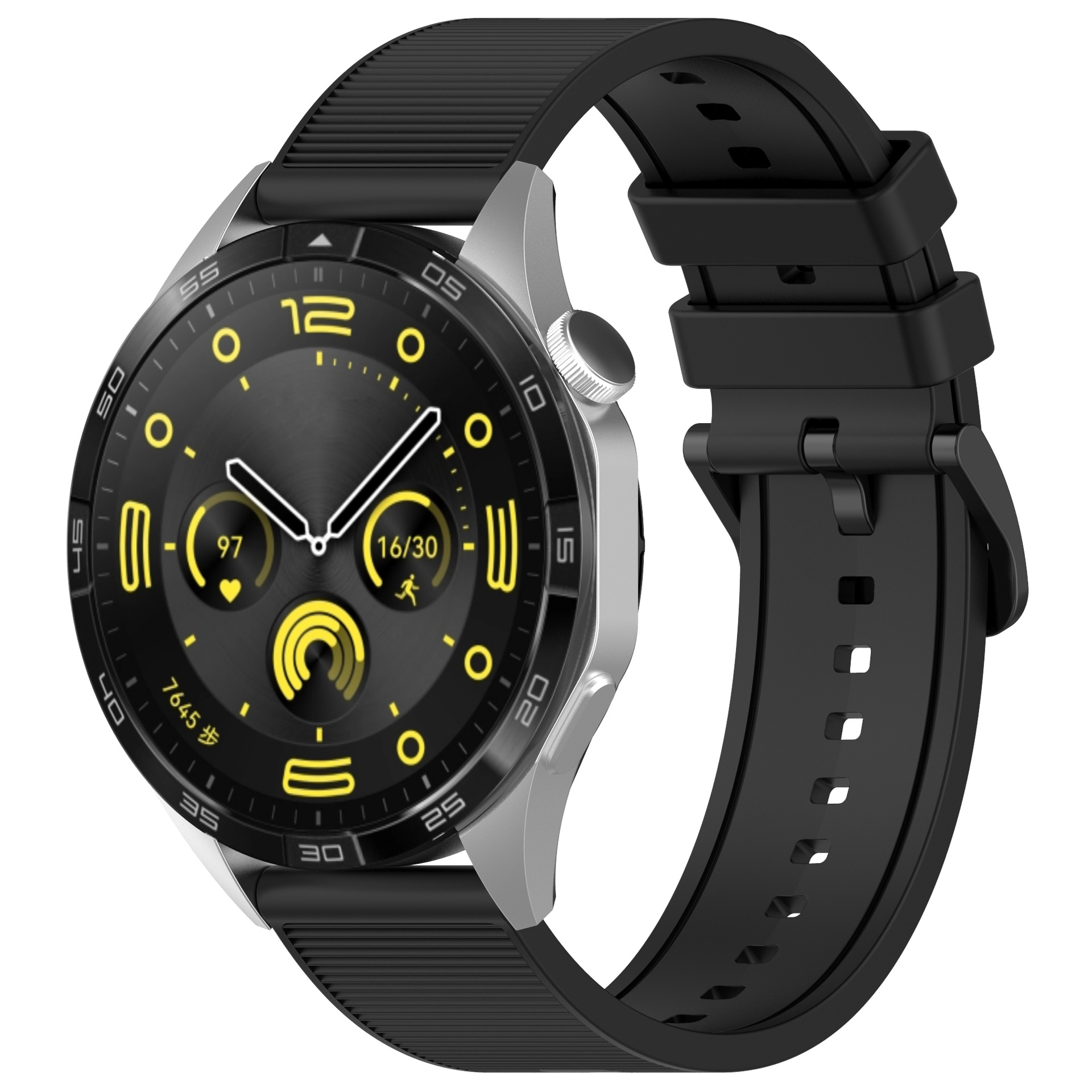 Eine schwarze Smartwatch mit rundem Zifferblatt und schwarzem Armband. Die Uhr zeigt Zeit und Gesundheitsdaten an.