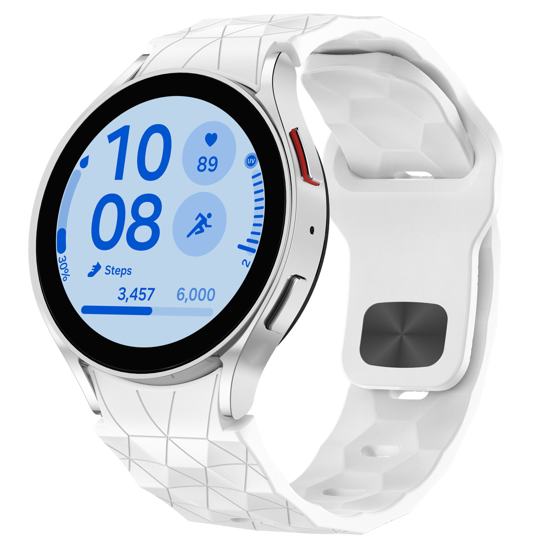 Weiße Smartwatch mit Zeit, Schritten und Daten. Weißes Armband, weißer Hintergrund.