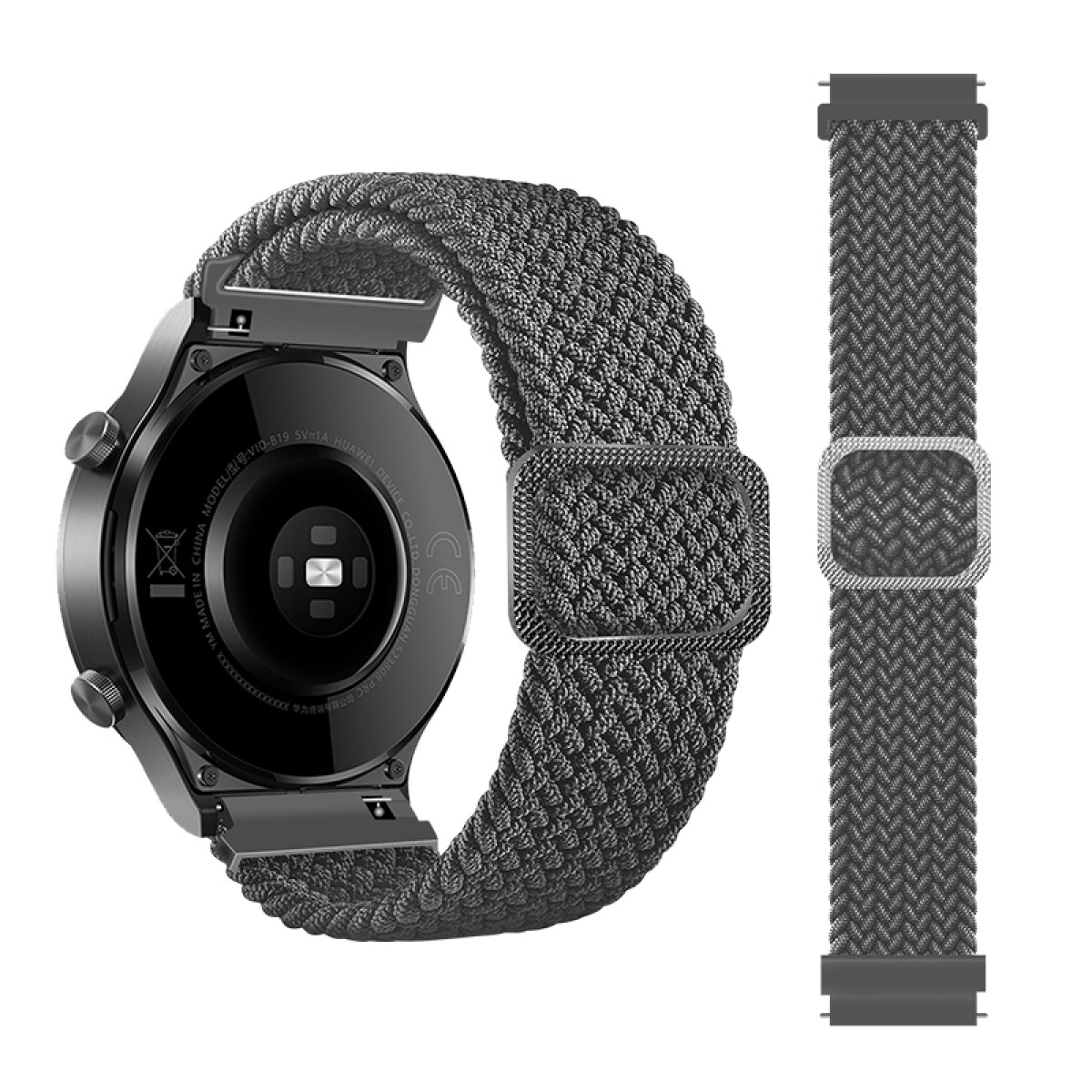 Czarny smartwatch z szarym, tkanym paskiem i oddzielnym elementem paska.