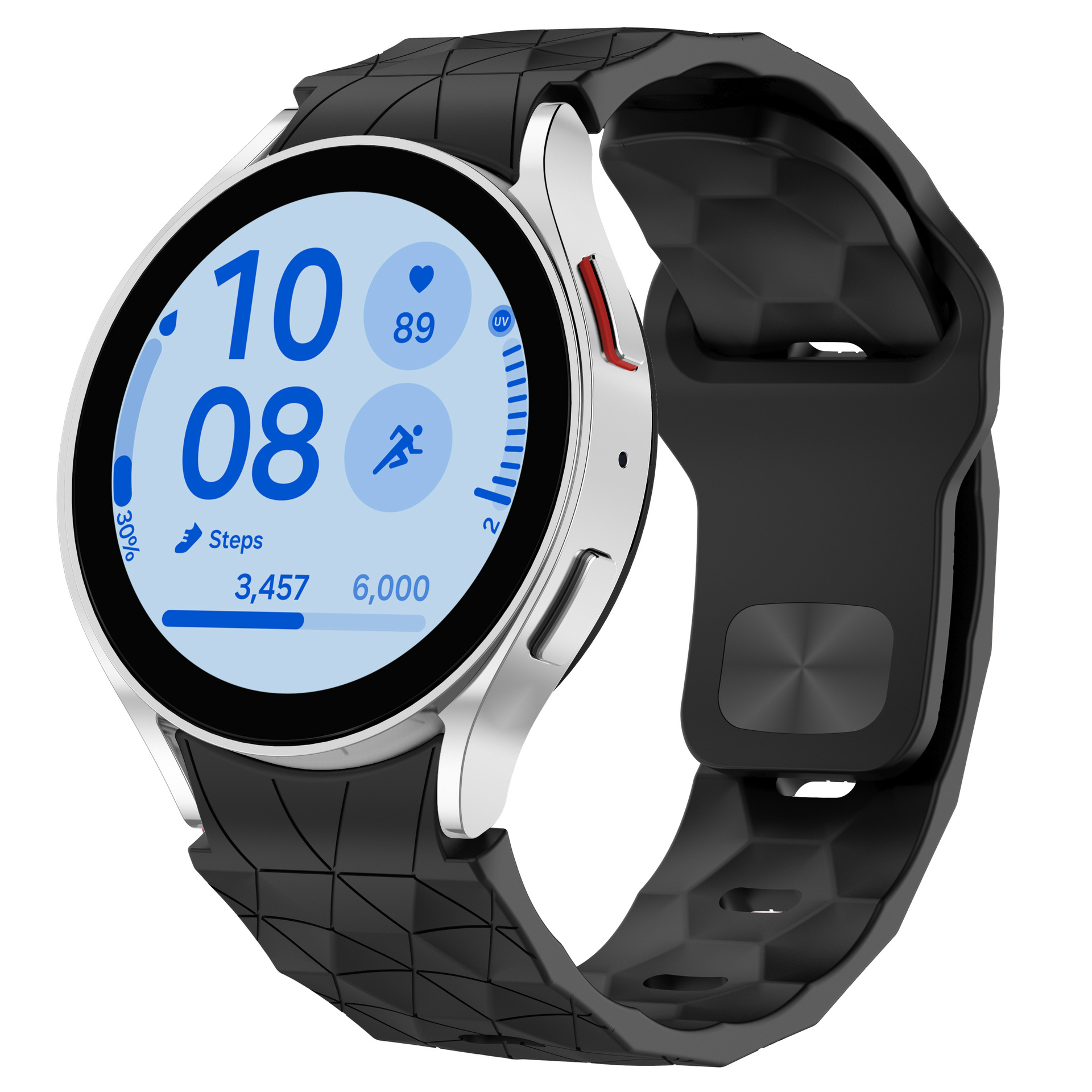 Smartwatch argento e nero con cinturino nero. L'orologio mostra l'ora e le metriche di salute.