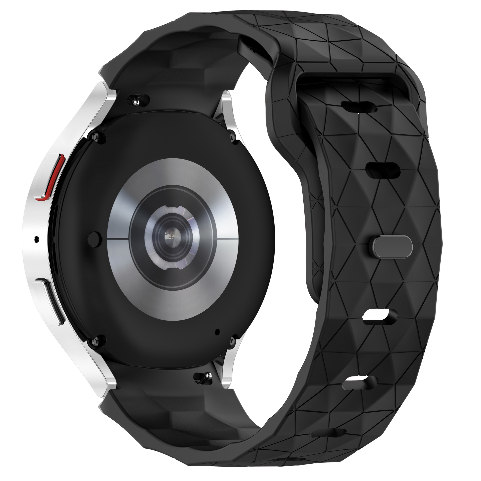 Smartwatch con cinturino nero. L'orologio è argento e nero. Il cinturino ha un motivo geometrico.