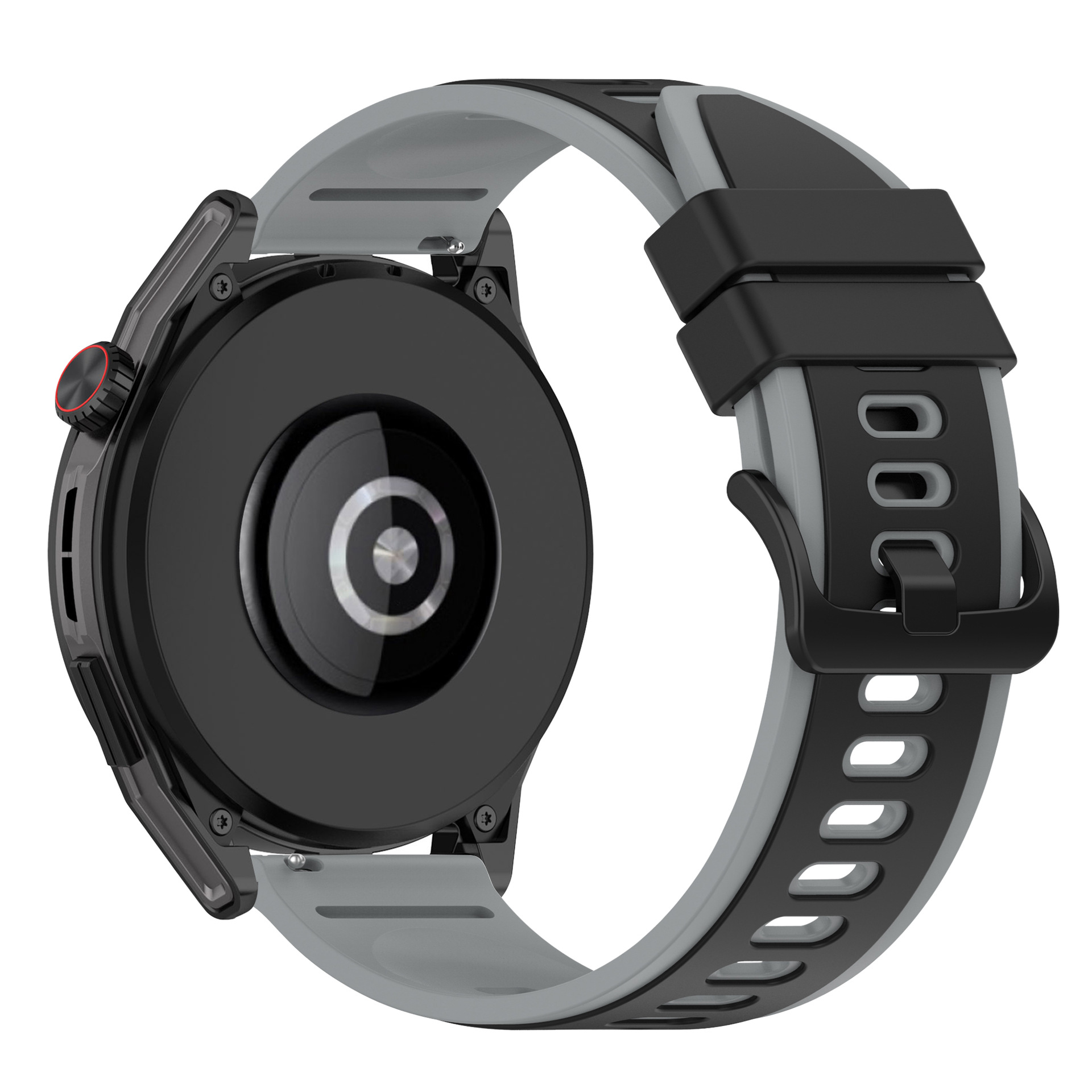 Uno smartwatch nero e grigio. Il retro mostra il sensore e il cinturino è grigio e nero.