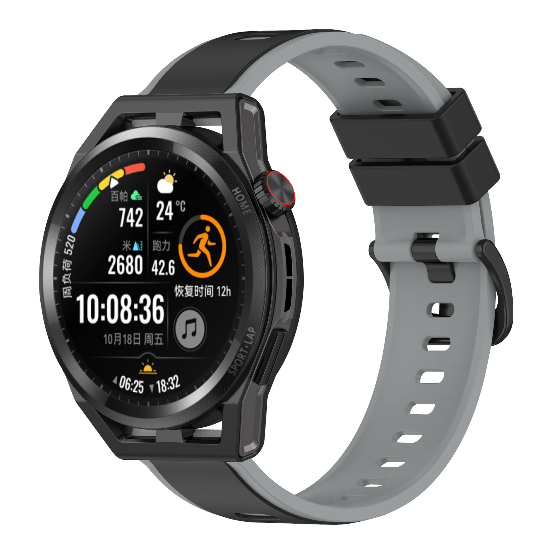 Smartwatch nero e grigio con display a colori e cinturino grigio.